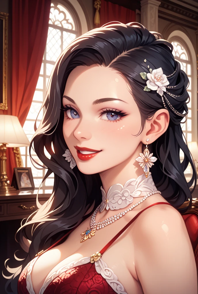 Hot sexy beautiful milf mom  , perfect body, detailed lips rings ,black  hair,black eyes, wearing white sun glasses , detailed , big chandelier earrings , alluring face, smiling, necklace , red lipstick ,hair ponytail ,red flowers brochure,red gown, smooth skin,