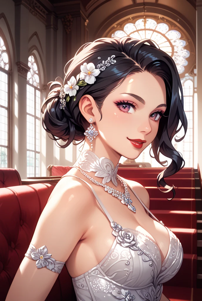 (best quality,4k,8k,highres,masterpiece:1.2),ultra-detailed,(realistic,photorealistic,photo-realistic:1.37),elegant mature woman,seductive pose, eyes, highlighted hair ponytail,huge saggy breasts,beautiful cg,soft light,long cross earrings,cleavage,face intense makeup, delicate necklace , blue eyes,red lipstick, eyeliner, eyeshadow, eyelids,hands,bare legs, blush ,high heels,blouse white,white long lehenga