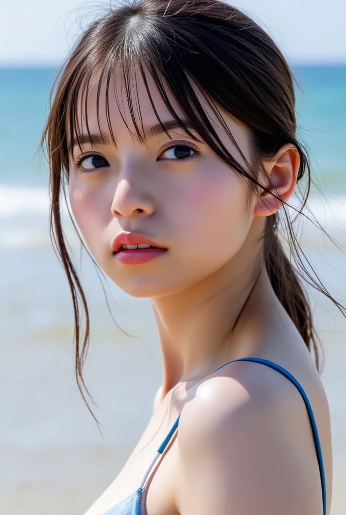 (at beach, 1 girl, medium breasts, low twintails, pink micro bikini:1.5), fair-skinned, glossy lips, medium hair, skinny, body type, delicate and sexy clavicle, highest quality, RAW photo, realistic, face, incredibly ridiculous beautiful girl, cute, Depth of bounds written, High resolution, ultra detail, detailed, Very detailed, extremely detailed eye and face, sharp pupils, sharp focus, Moody Lighting