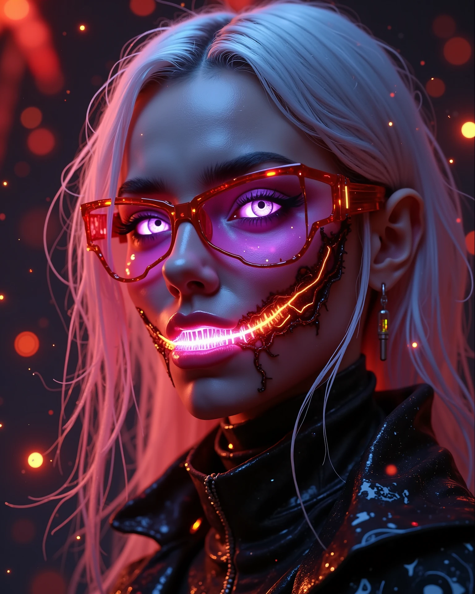 Create a hyper-realistic, cinematic portrait of a futuristic female character blending cyberpunk elegance with dark biotechnological horror. She has pale, flawless synthetic skin illuminated by glowing red and violet neon lights. Her eyes emit a faint violet glow, enhanced by sharp, futuristic digital makeup resembling holographic overlays. She wears angular, transparent red cyber-visors with data grids, partially covering her face.

The right side of her face is elegant and high-tech, with sleek platinum-white hair, a glossy black high-collar jacket, and intricate circuitry patterns etched into her synthetic skin.

However, the left side of her face is grotesquely transformed — organic, corrupted, with exposed dark biomechanical muscle tissue. Her mouth stretches unnaturally wide into a glowing bioluminescent neon grin with sharp alien teeth in hues of toxic pink and purple, pulsating with internal light. A bright green slit of energy runs diagonally through her left eye, suggesting a hostile internal AI or parasitic entity.

The background is a dramatic mix of neon-lit urban jungle and dark organic shadows, with rain-slick, chrome surfaces and bio-mechanical vines subtly framing her. A contrast of beauty and corruption, future and decay, elegance and horror
