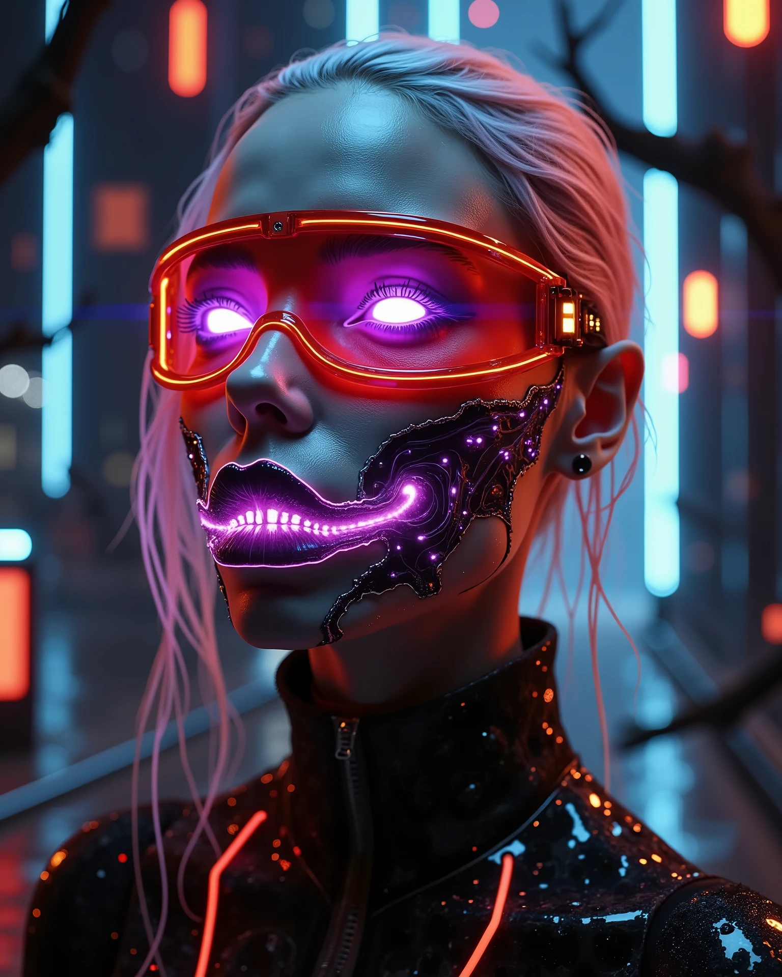 Create a hyper-realistic, cinematic portrait of a futuristic female character blending cyberpunk elegance with dark biotechnological horror. She has pale, flawless synthetic skin illuminated by glowing red and violet neon lights. Her eyes emit a faint violet glow, enhanced by sharp, futuristic digital makeup resembling holographic overlays. She wears angular, transparent red cyber-visors with data grids, partially covering her face.
The right side of her face is elegant and high-tech, with sleek platinum-white hair, a glossy black high-collar jacket, and intricate circuitry patterns etched into her synthetic skin.
However, the left side of her face is grotesquely transformed — organic, corrupted, with exposed dark biomechanical muscle tissue. Her mouth stretches unnaturally wide into a glowing bioluminescent neon grin with sharp alien teeth in hues of toxic pink and purple, pulsating with internal light. A bright green slit of energy runs diagonally through her left eye, suggesting a hostile internal AI or parasitic entity.
The background is a dramatic mix of neon-lit urban jungle and dark organic shadows, with rain-slick, chrome surfaces and bio-mechanical vines subtly framing her. A contrast of beauty and corruption, future and decay, elegance and horror