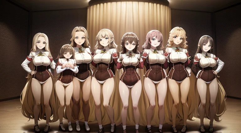 a masterpiece photo of 3 beautiful plump brunette sisters with long voluminous hair, Auburn haired sisters, different hair colors, matching hairstyles, hazel eyes, big And round bust, matching uniforms, serious, flat color, same height, organized pose, back to back, best quality, 4k, 8k, highres, masterpiece:1.2, ultra-detailed, realistic, photorealistic, photo-realistic:1.37, HDR, UHD, studio lighting, ultra-fine painting, sharp focus, physically-based rendering, extreme detail description, professional, vivid colors, bokeh