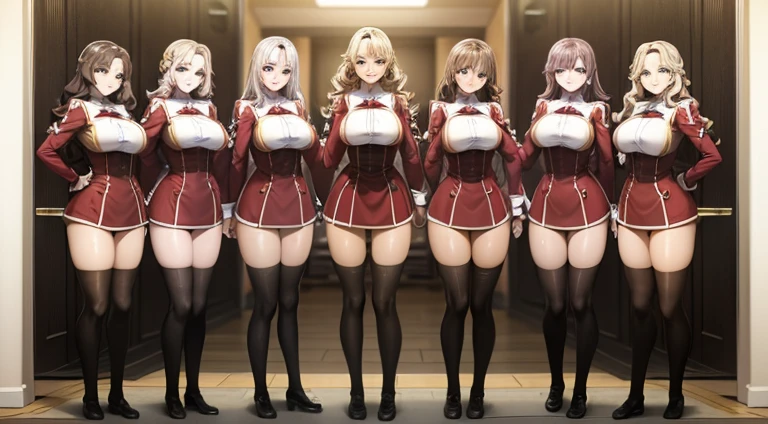 a masterpiece photo of 3 beautiful plump brunette sisters with long fluffy hair, Auburn haired sisters, different hair colors, matching hairstyles, hazel eyes, big And round bust, matching uniforms, smiling, flat color, same height, organized pose, back to back, best quality, 4k, 8k, highres, masterpiece:1.2, ultra-detailed, realistic, photorealistic, photo-realistic:1.37, HDR, UHD, studio lighting, ultra-fine painting, sharp focus, physically-based rendering, extreme detail description, professional, vivid colors, bokeh