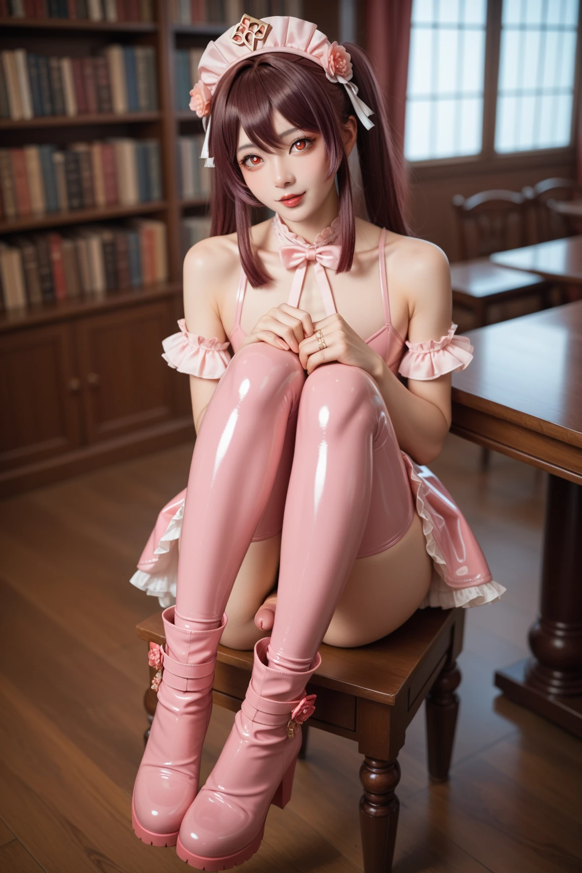 ((full body photo, feet on the ground, straight body)) {(Laura:woman, large breasts)}; {(black maid costume with white parts+white skirt+white sock with clips on the pants+little clothing+extremely tight on the body)}; {(she's inside a hotel room with window, tonight, the window is open, she's in front of the window, catching a wind in her body, maid's costume extremely wet)}, Her body and hair {are extremely sweaty}; she {((is extremely exhibitionist, has very short straight pink hair, eyes:blue, is smiling, looking at the viewer)}; Anime style, masterpiece,, High detail, anime, 16k, UHD, retina, retina, ccurate, anatomically correct, textured skin, super detail, high quality, award-winning