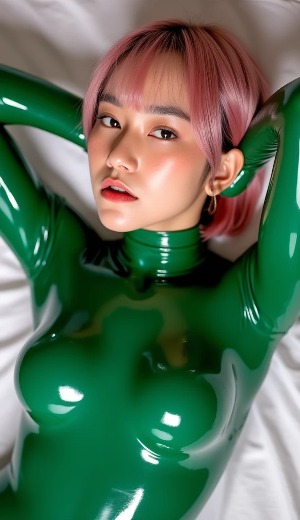 ulzzang-6500-v1.1,(raw photo:1.2),((photorealistic:1.4)),best quality ,masterpiece, an extremely delicate and beautiful muscular skinny 18yo goth cosplayer, small firm breasts, ultra-detailed, highres, beautiful detailed girl, extremely detailed eyes and face, beautiful detailed blue eyes,light on face, slim face, extremly skinny, visible rip cage,cinematic lighting,((green skin tight intricate shiny transparent latex suit)),1girl,full body,full-body shot,looking at viewer,long light pink hair, blue piercing eyes,(smile), twintails, camel toe, posing frontal for camera, mouth open, straddling on bed, legs spread,ahegao,posing provocative, cameltoe, sitting with legs spread, longing gazing hungy sexy facial expression, arms behind head, hands not visible