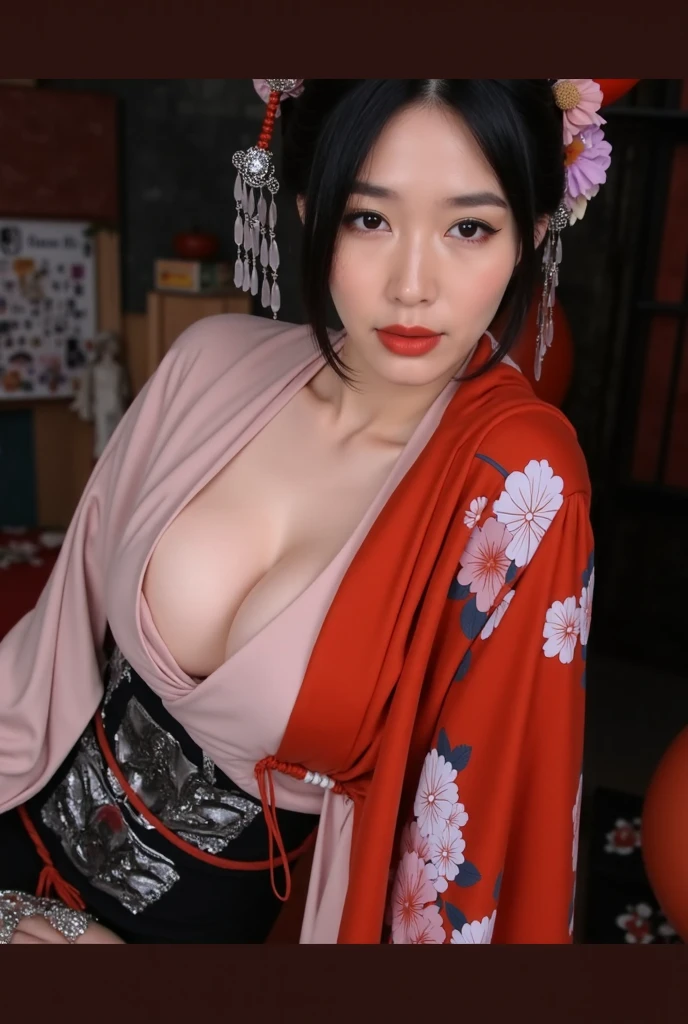 A beautiful 15-year-old Japanese princess from the Sengoku period with long black hair Gorgeous embroidery, Ultra glossy, She is wearing a shiny Edo-period princess kimono. She takes out her nipples and squeezes out the milk
