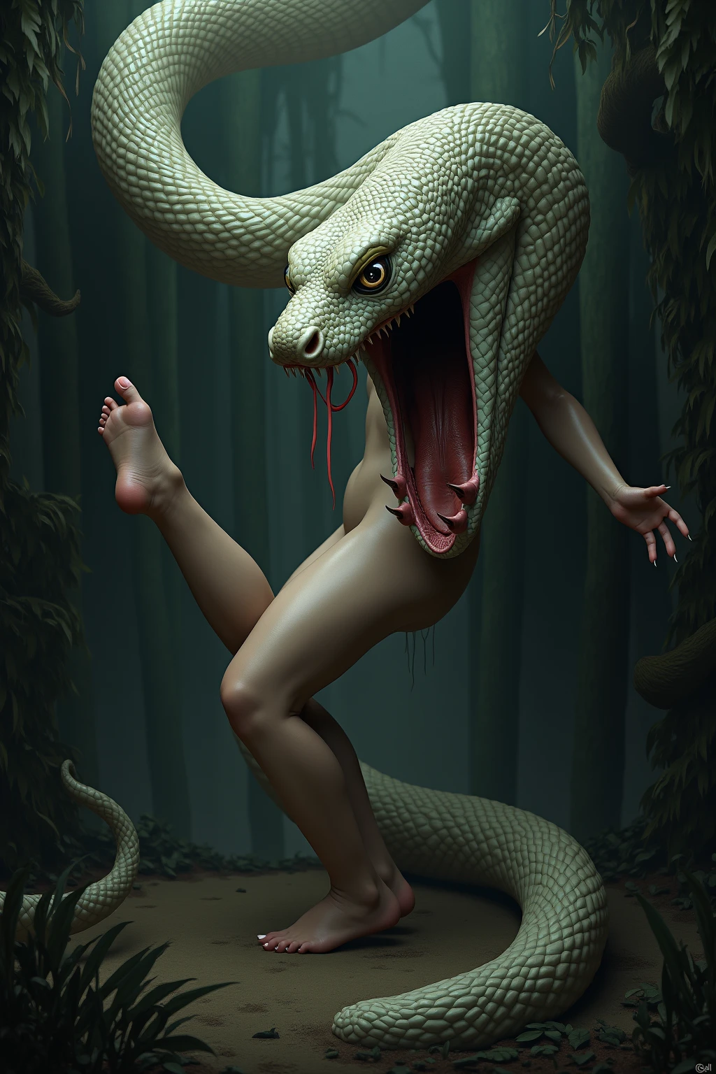 Cinematic film still, full body, of ((Norse Female serpent goddess)), (Hel), pale skin, ((Lying on her back in a pit of snakes)), legs spread, toned abs, large breasts, seductive look, exposed pussy, large ass, ((tentacle sex)), ((detailed facial features)), alluring blue eyes, (wet, detailed skin), (covered in snakes), blonde hair, magic, (dark cave:1.2), (cold colors), damp, moist, intricate details, shallow depth of field, [volumetric fog], cinematic lighting, reflections, photographed on a Canon EOS R5, 50mm lens, F/2.8, HDR, 8k resolution, cinematic film still from Vikings