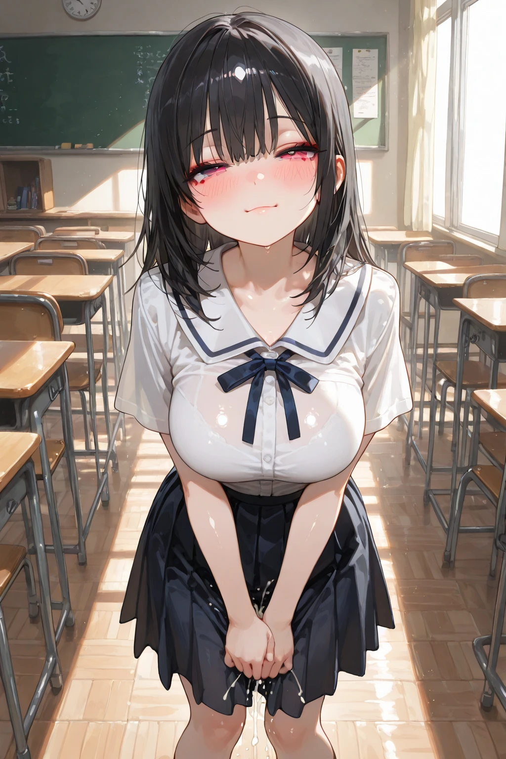 (top-quality、in 8K、32K、masterpiece、nffsw、超A high resolution、Impresionismo、huge breasts, Photorealsitic:1.2)、Angle from above、High angle、Colossal 、cowboy shot, detailed faces and eyes、 Inside the classroom、Schools、Evening glow、beauitful face、blurry backround、16-year-old beautiful girl、shinny skin、long、Beautiful black hair、Blunt bangs、Invincible smile、Gray eyes、a sailor suit、Pleated miniskirt、wearing black knee-high、Curve、Stand on one knee、Opening legs、(seduction)、((scornful look))、(seduction)、((scornful look))、 (seduction)、((scornful look))、((growing thighs))、((growing ))、((growing thighs))、((growing ))、((growing thighs))、((growing ))、((growing thighs))、((growing ))、((growing thighs))、((growing ))、((growing thighs))、((growing ))、((growing thighs))、((growing ))、((growing thighs))、((growing ))、((showing panties))
