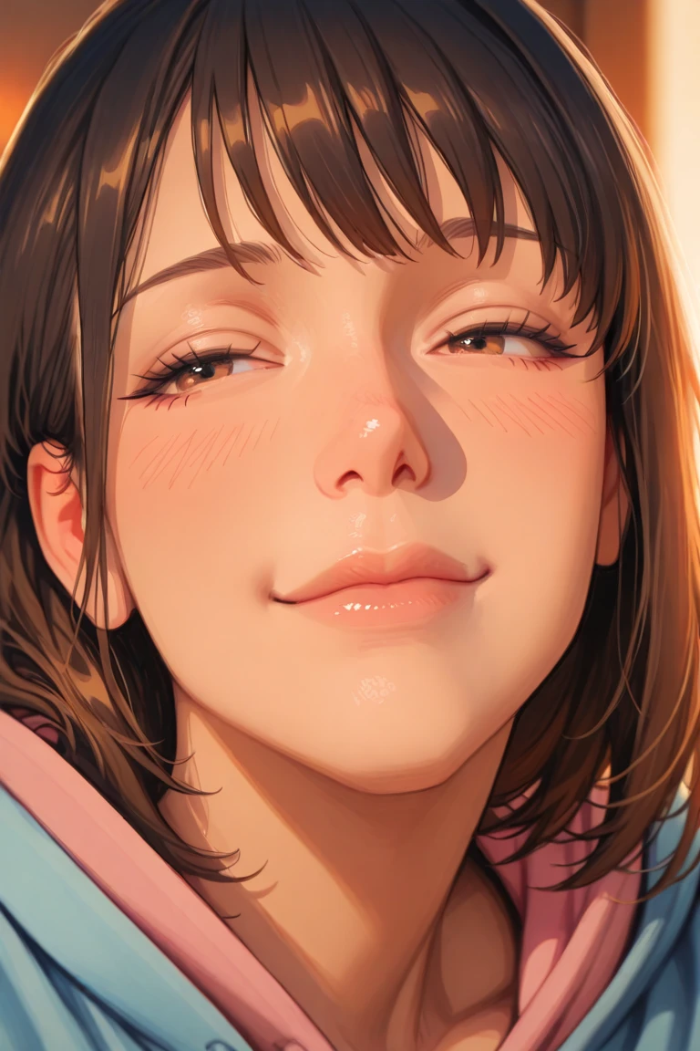 Solo, jewish girl, cascina caradonna, 1girl, (very curly open wild dark brown hair), wide seductive lips, smirking, skin, larger nose, high detailed face, 4k , camletoe, (small breasts, straight waist,wide hip, slightly chubby body,inflated legs,thick thighs,(detailed face)), 4k, look at camera, highly detailed face, ((showering in brightly lit yellow tiled bathroom)), ((one-piece swimsuit)), ((((((((close-up of face))))))), ((super extremly exaggerated wide-open-mouth-grin, squinting, red cheeks, left eye closed))