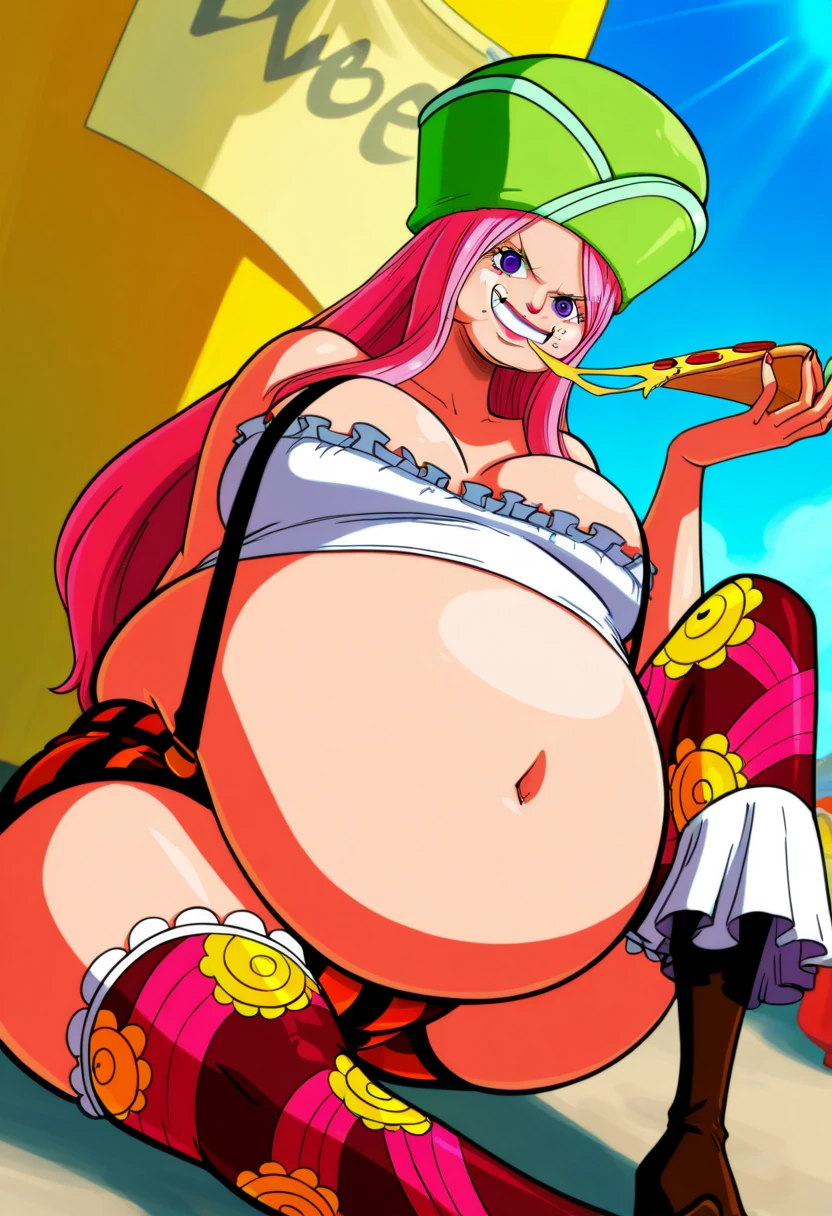 Cartoon fat woman in a pink dress with a pirate hat and a pink dress, an illustration of inspired by Hirosada II, pixiv, conceptual art, real life big mom, from one piece, pink iconic characters, Yayoi Kasuma, nami one piece, Official art, she has a jiggly fat round belly,A MILF
