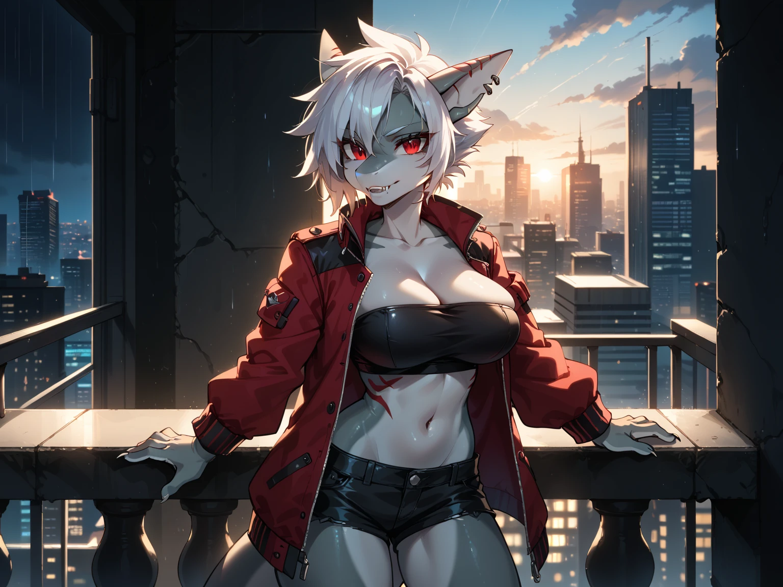 ((1girl)), ((alone)),mirko, ((extremely detailed CG unity 4k wallpaper)), (masterpiece), (ultra quality), (ultra detailed), (best illustration), (best shadow ), (extremely detailed), looking at viewer, (absurdities), (detailed background), curvy body, dynamic pose, cowboy photo, large breasts, medium waist, wide hips, wide thighs, round butt,((women dark skin, long eyelashes, big breasts, sleeveless, red eyes, hand on hip, parted bangs, white background, thick thighs, high leg leotard, animal ears, muscular, muscular woman,(( red cropped jacket:1.4 , open jacket: 1.2, abs: 1.3, black sports bra: 1.3, neckline: 1.4, collarbone, black yoga pants: 1.4, thigh gap, thick thighs, black pants, night, cityscape, cyberpunk)), ears rabbit,high leg, white hair, long hair, thighs, dark skin, covered navel),smile, closed mouth)), standing, cowboy photo, backlight, ((solo)), ((standing: 1.4, outside ,night, cityscape, streets, city, city lights, (serious expression, blushing, ,sexy, closed mouth, sexy pose), looking back, from behind, ((focus on ass), point of view: (from the middle), perfect anatomy, perfect hands,