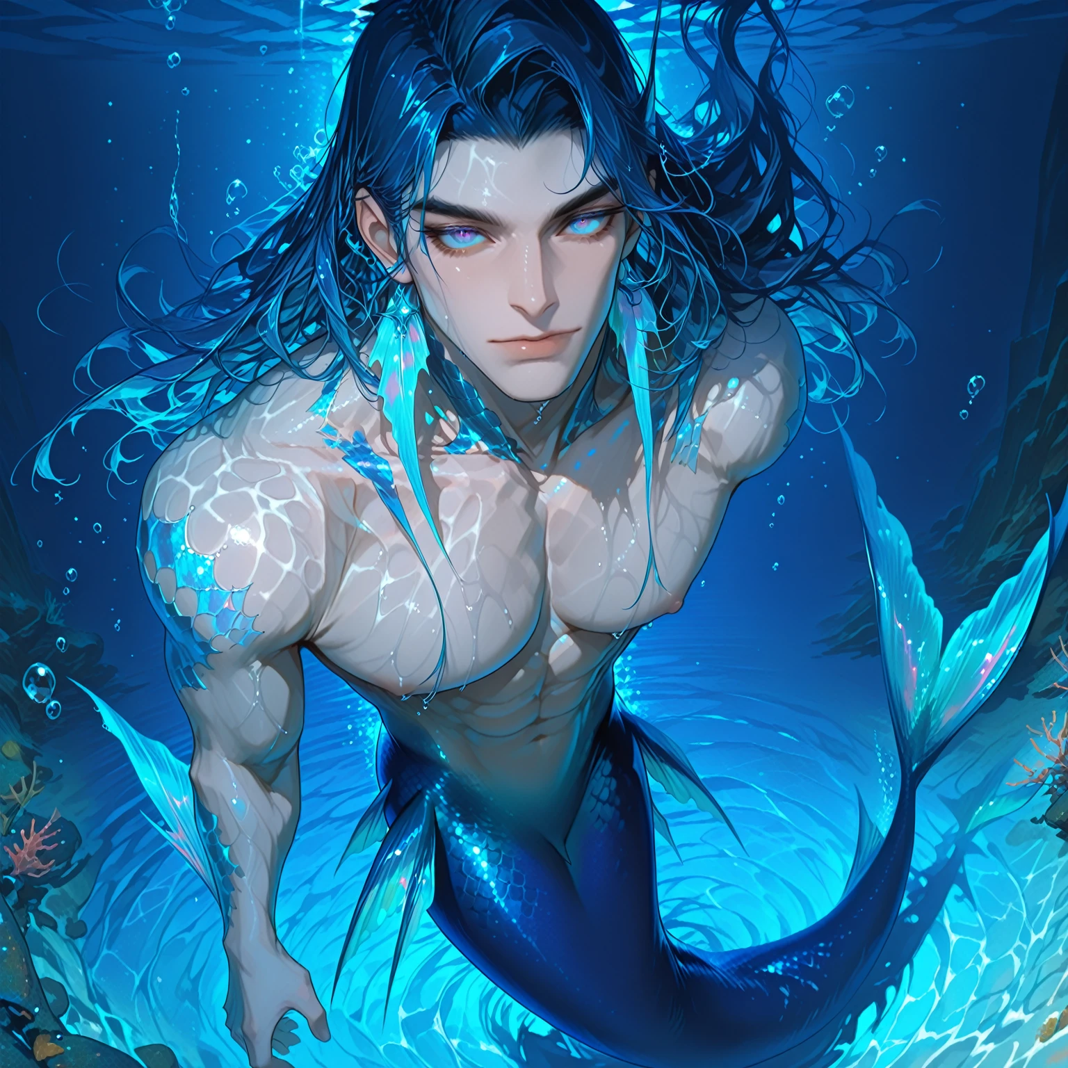 Meisterwerk, Attraktiv, elegant, beautiful, (((Meermann))) mit (((schwarzer Fischschwanz))), bis, Fish scales on the body, (white long hair), (dunkelblaue Augen), Perfektes Gesicht, slight evil smile, (flossenartige Ohren), claw-like hands, ((unter Wasser)). Tiefsee. Fische schwimmen im Hintergrund. Dunkle, unheilvolle Szene. High quality