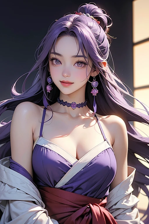 （t masterpiece, Need,1girll, Solo, Intricate details, Looking up perspective, color difference), real photo,(facade), (shoulder cut), cleavage, Close-up, smile, Sexy enhancement,Yae Miko, Purple blue hair, purple blue accents, purple eyes, sharp look, perfectly symmetrical figure, neon shirt, revealing jacket, sweater, leaning against the wall, brick wall, scribbles, dim lights, alleyway, looking at the viewer.（（evil streaks, cleavage is seductive, big breasts are enchanting)），（（（cherry blossom background) )),((((Japanese temple background)))), (((Shine in- dark background)))