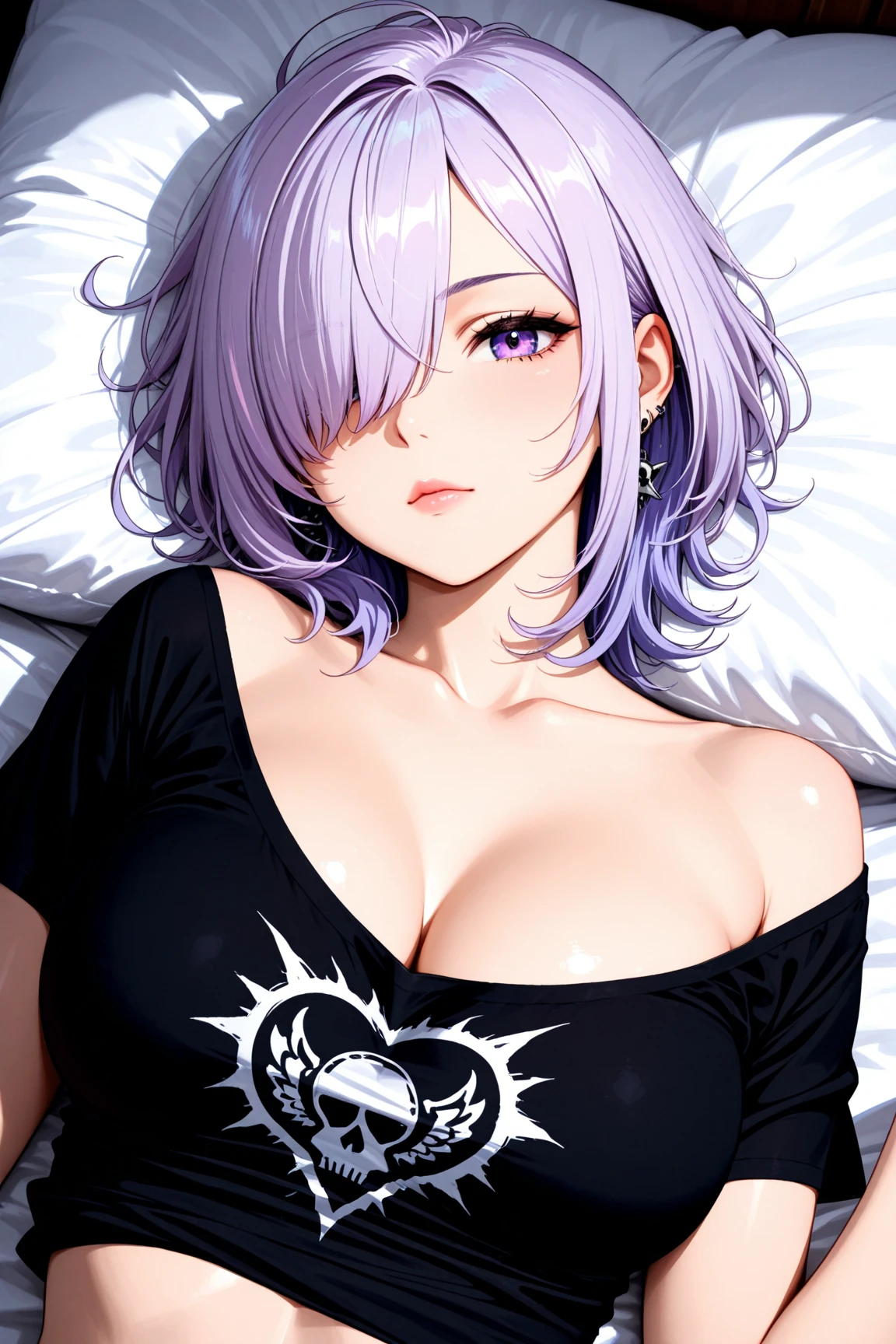 masterpiece, best quality, mature female, looking away, crop top overhang, pale skin, white skin, purple hair, purple eyes, spiked hair, underboob, black lips, on back, embarrassed, on bed, spread arms,
<lora:looking-away:1>