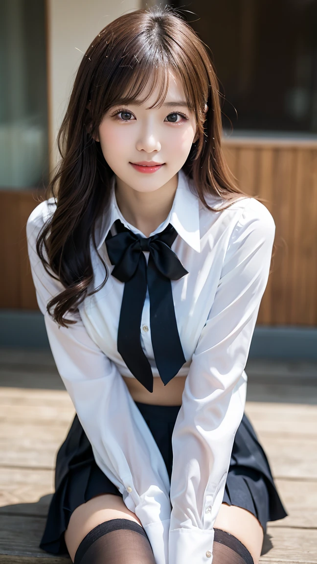 ((Highest quality)), ((masterpiece)), (detailed), One girl, White shirt open front,Black Skirt,School uniforms,、Leg spread