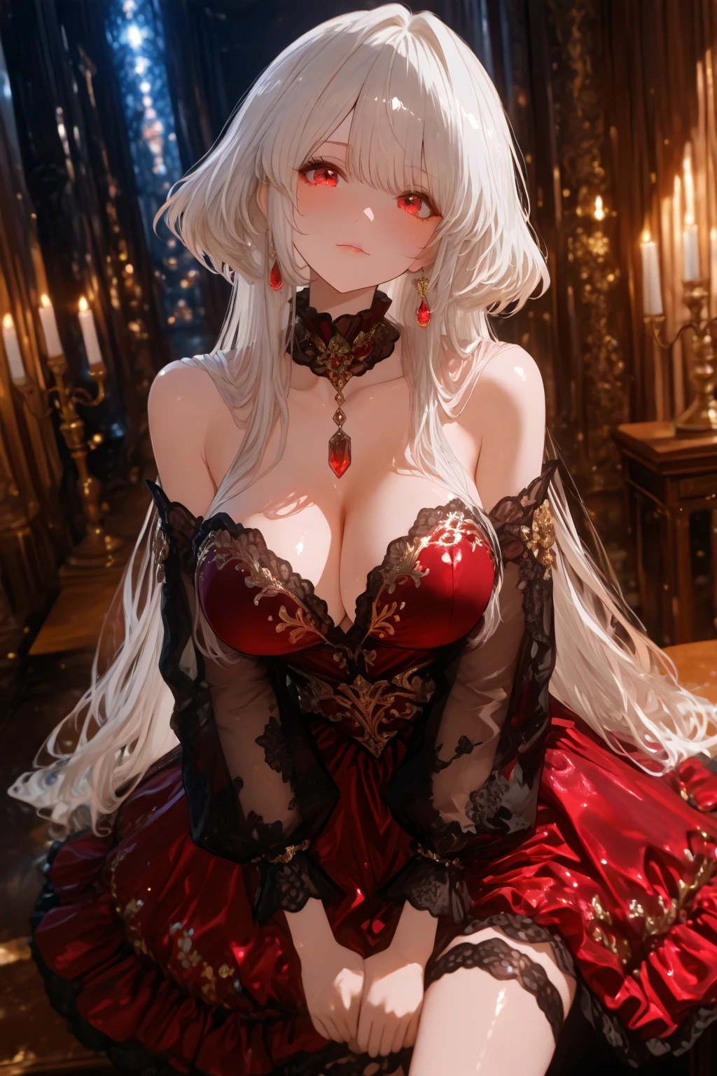 A young woman with long, flowing silver hair and piercing red eyes sits with her chin resting on her hand, gazing thoughtfully at the viewer. She is dressed in a red and black outfit with intricate details and a touch of lace, giving her a sophisticated and mysterious air. The lighting is warm and soft, highlighting her features and creating a sense of intimacy.

[Anime style, detailed and realistic, inspired by the works of Mihoyo and Pixiv artists], [soft lighting, warm colors, smooth textures, slight blur effect on the background, shallow depth of field]