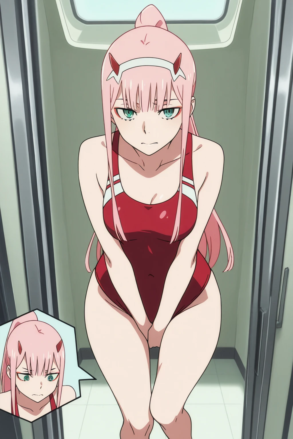 zero two \(darling in the franxx\), nsfw, cabelo rosa, cabelo longo, micro bikini fio dental tying apertado, calcinha de lado, squatting, (pele brilhante:1.2), looking at viewer, pov from above