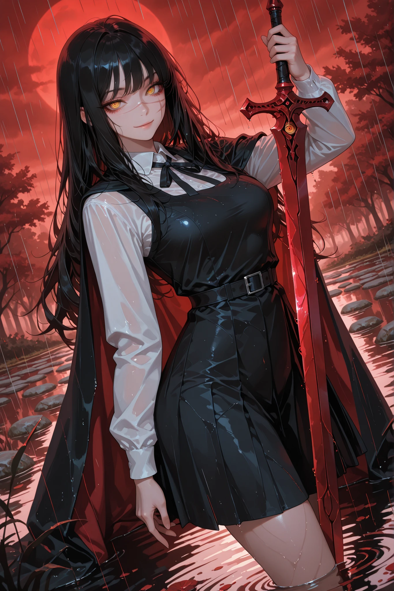 1 girl, yoru, scar on cheek, cross scar, long hair, black hair, yellow / red eyes, ringed eyes , pretty eyes , detailed eyes, long eyelashes, beautiful eyes, beautiful face, beautiful hair, medium breasts, school uniform, black dress, pinafore dress, sleeveless dress, white shirt, black ribbon, neck ribbon, long sleeves, black cape, outdoors, near a pond, reddish sky, standing, red rain, looking at the viewer, detailed hands, holding a sword with a red blade, holding sword in the right hand, preparing for battle, seductive, dynamic pose, Dutch angle, slight smile, best quality, masterpiece, ultra detailed, very aesthetic