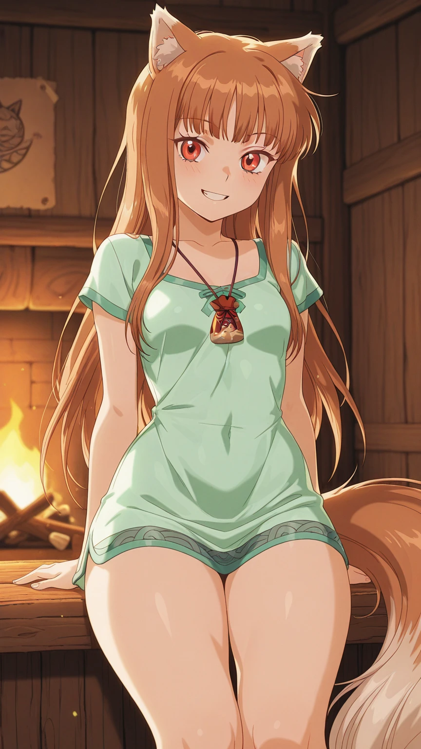 absurdres, best quality, masterpiece, novel illustration, looking at viewer, wolf_ears, wolf_girl, wolf_tail, holo, animal_ears, 1girl, long_hair, brown_hair, breasts, solo, pouch, fang, smile, red_eyes, smile, standing, blush, brick_wall, fireplace, window, farm in the background, breasts, standing, hands on own chest, topless