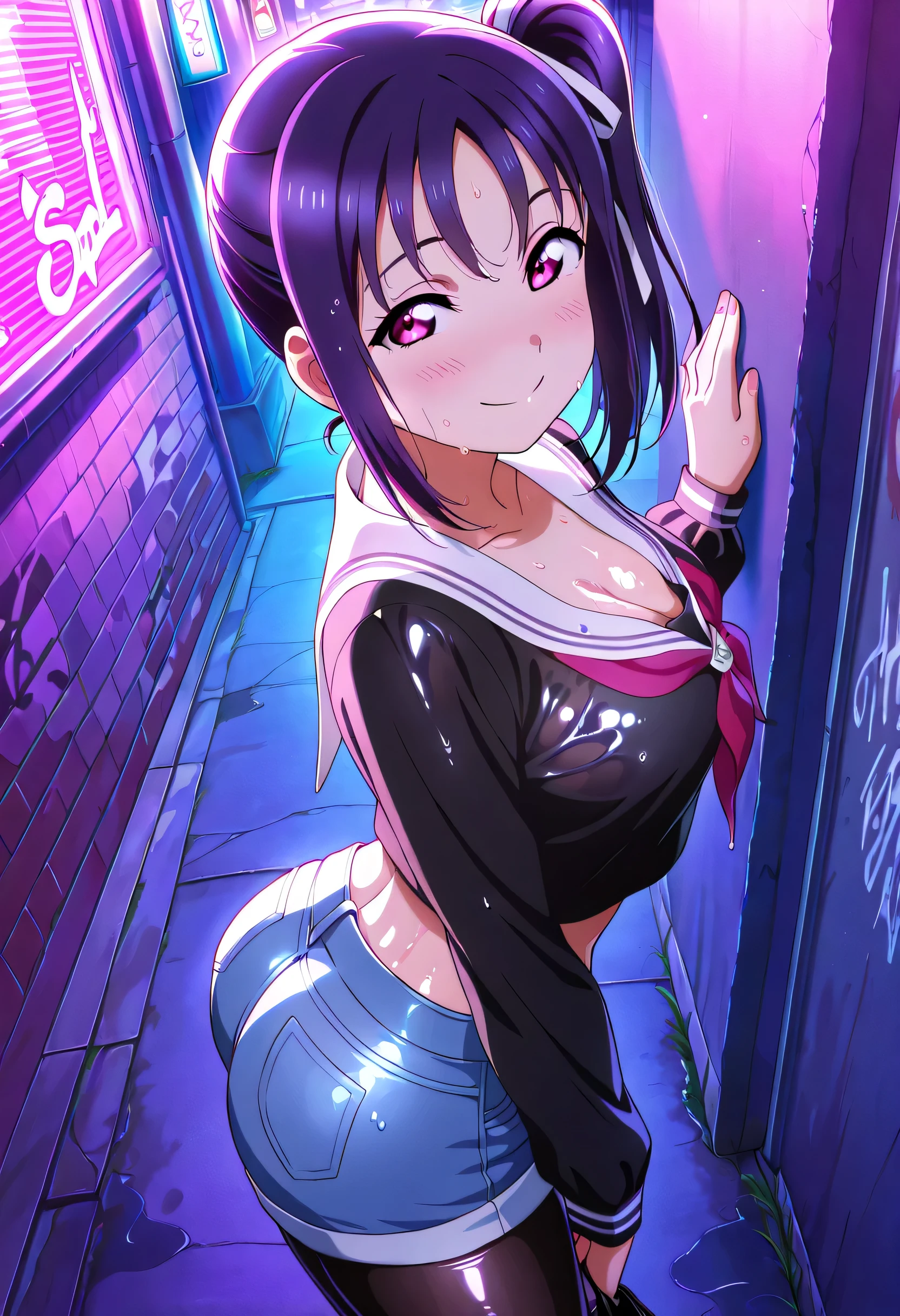 1girl, background, blush, voluptuous,, large breasts, gentle older sister became a whore, long hair, nighttime, hot breath, open mouth, dimmed lighting, standing, city, big ass, wide hips, toned body, wearing slutty prostitute outfit, midriff, prostitute, purple eyeshadow, (detailed fingers), thong peek, no bra, 5 fingers, red light, neon light billboards, red-light district, nipple bulge, nipple pasties, pussy juice, (cameltoe), close to viewer, grinning, (girl inviting viewer to fuck her), slutty, prostitute, long eyelashes, deep cleavage, whore, prostitute, bimbo, (5 fingers and one thumb), nude, fishnet armlets, fishnet thighhighs, wide hips, sister, onee-chan, (condom belt), grabbing own breasts, breast lift, wet tongue, artist: moisture chichi, (nozomi toujo), love live, nozomi toujo's twin tail hairstyle, nozomi tojo,