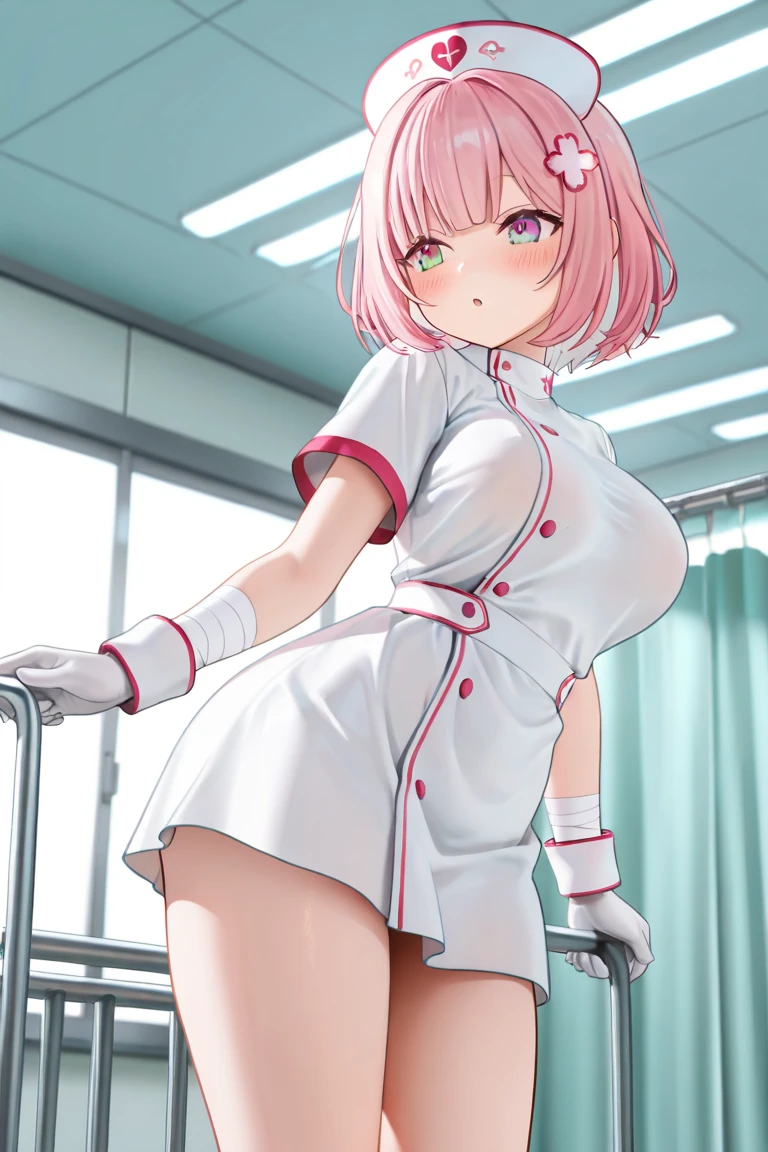 1girl, solo, nurse, white nurse cap, white nurse uniform, ((white legwear, zettai ryouiki)), white gloves, pink hair, green eyes, drooping eyes, smile, standing, ((hospital room)), sharp outline, short sleeves, best quality, masterpiece