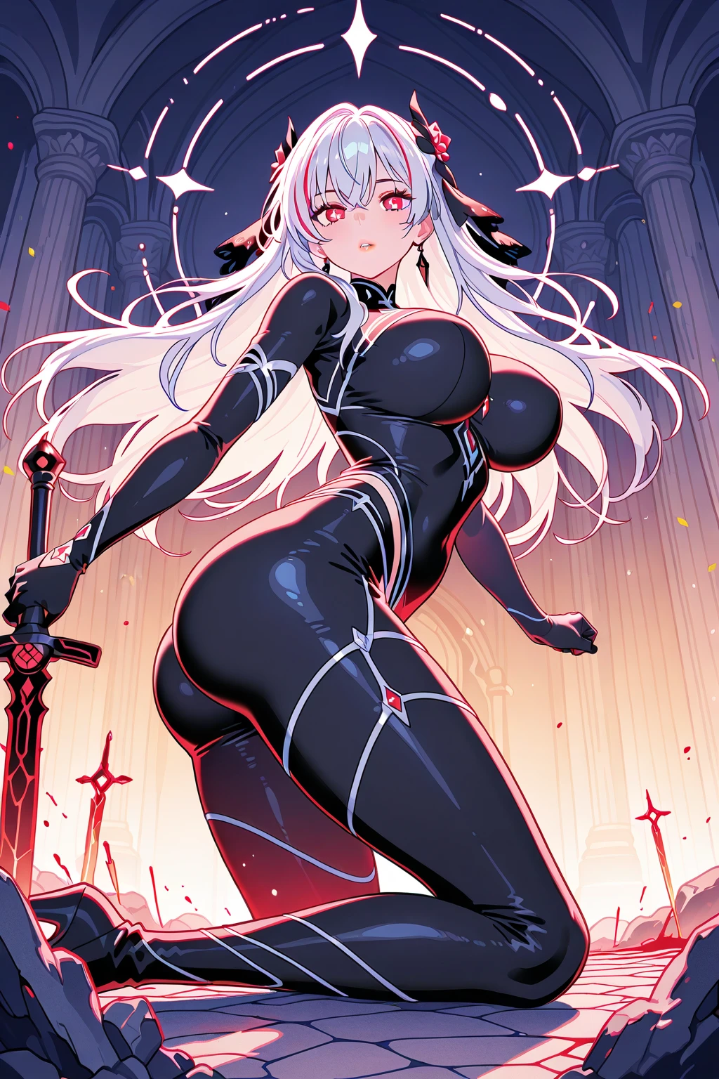 anime waifu bodybuilder, beautiful face, smiling face, perfect body, fit body, abdomen, large breasts, muscular, (((hair) long and blonde), ((clothing) ninja tights of white color, torn), (cover covering body of black color, and hood covering head of black color), character A2