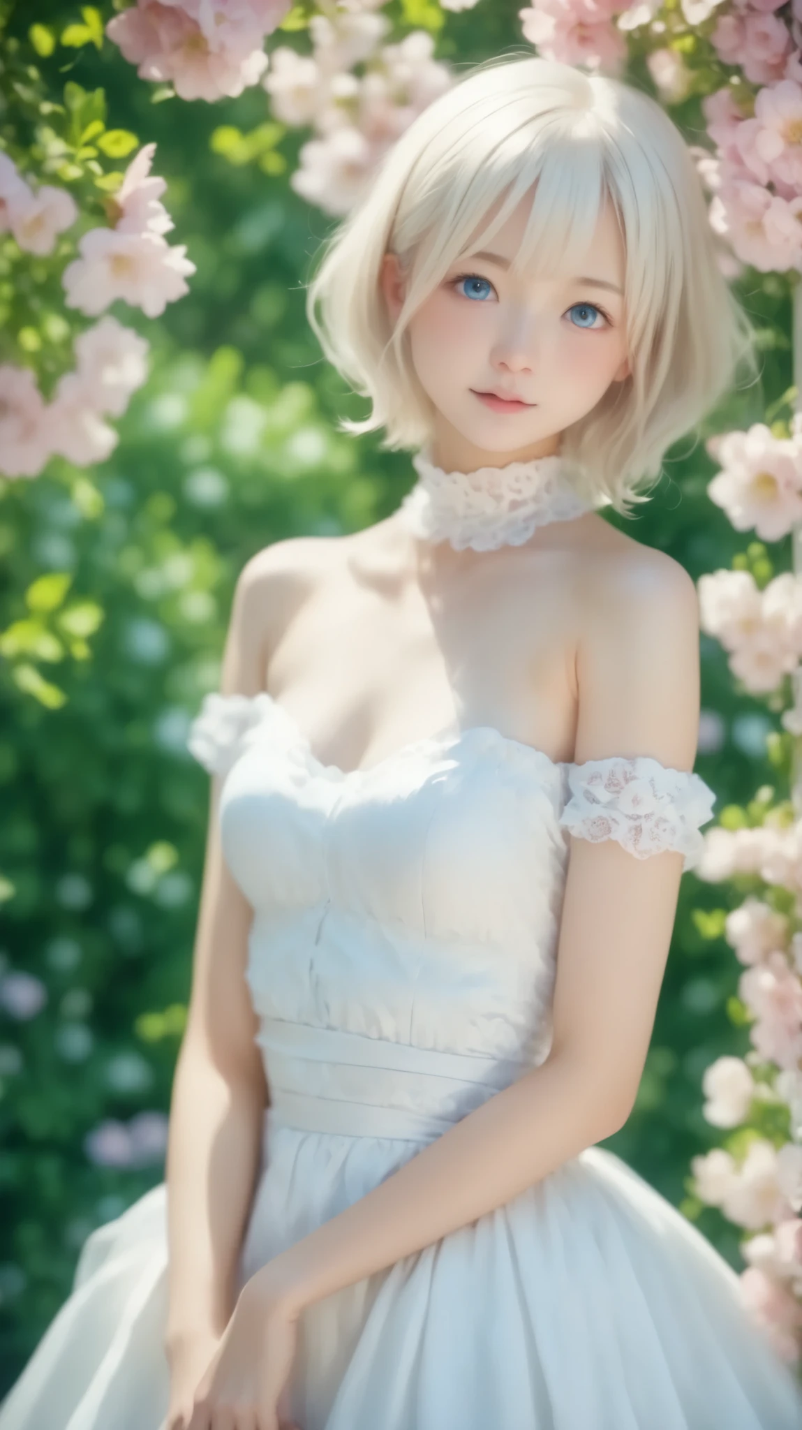 white森of中で 、 淡いピンクof花 , very light pink flowers in the white forest, white、 Eye Catching 、cute woman, beautiful scenery、of 、Wallpaper、amazing background、 everything is in harmony 、pastel color、Pale Color