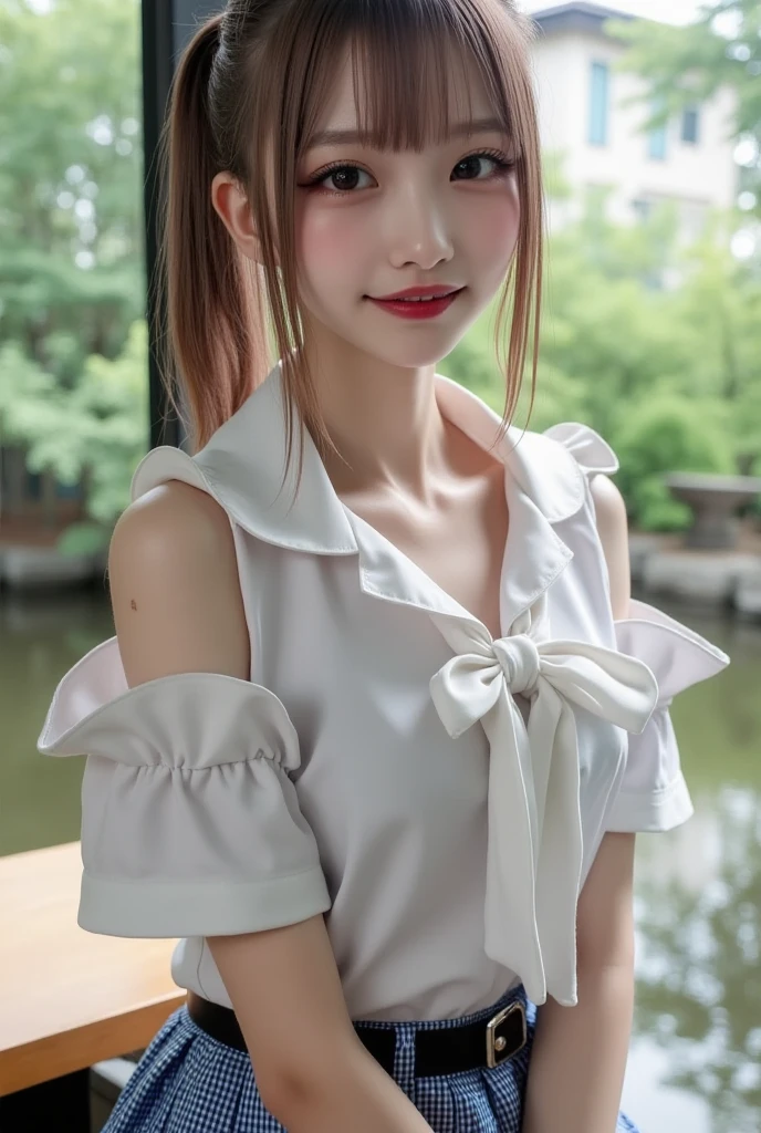 collared dress,European park,On the lawn,One woman,masutepiece, The highest image quality, High quality, the background is clear,Beautiful woman, Japanese,Ultra-detailed, finely detail, hight resolution, 8K Wallpaper, Perfect dynamic composition, Beautiful detailed eyes , Detailed, Detailed eyes, Detailed skin, Beautiful skin, 超hight resolution, (reality: 1.4),Very beautiful woman, Slightly younger face, Beautiful skin, slender, (Ultra photo realsisim), (hight resolution), (8K), (Very detailed) (beautifully detailed eyes), (super detailed), (Detailed face), view the viewer, Fine details, Detailed face, Staring straight ahead, Staring straight ahead, photos realistic, Bright lighting, Professional Lighting, Black hair,poneyTail,a baby face,sixteen years old,Hairstyle: ponytail,Long ponytail hairstyle,slight smile,neat and tidy clothing,Beautiful Japanese KPOP idol photo, hair style is ponytail, my eyes are double and wide, baby face, smile and look straight ahead, slender, small breasts,Close up face,