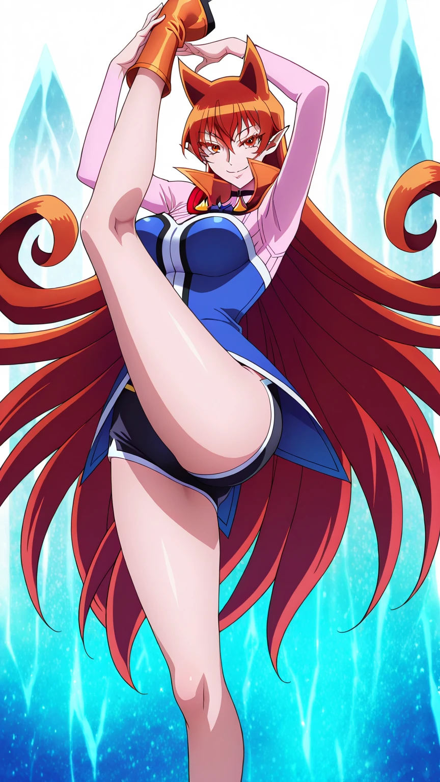 a very beautiful animated cartoon of an anime girl in underwear and swimsuit, 1girl, solo, swimsuit, bikini, from below, multicolored hair, blush, long hair, pussy juice, navel, white background, small breasts, looking at viewer, breasts, simple background, cameltoe, hairband
