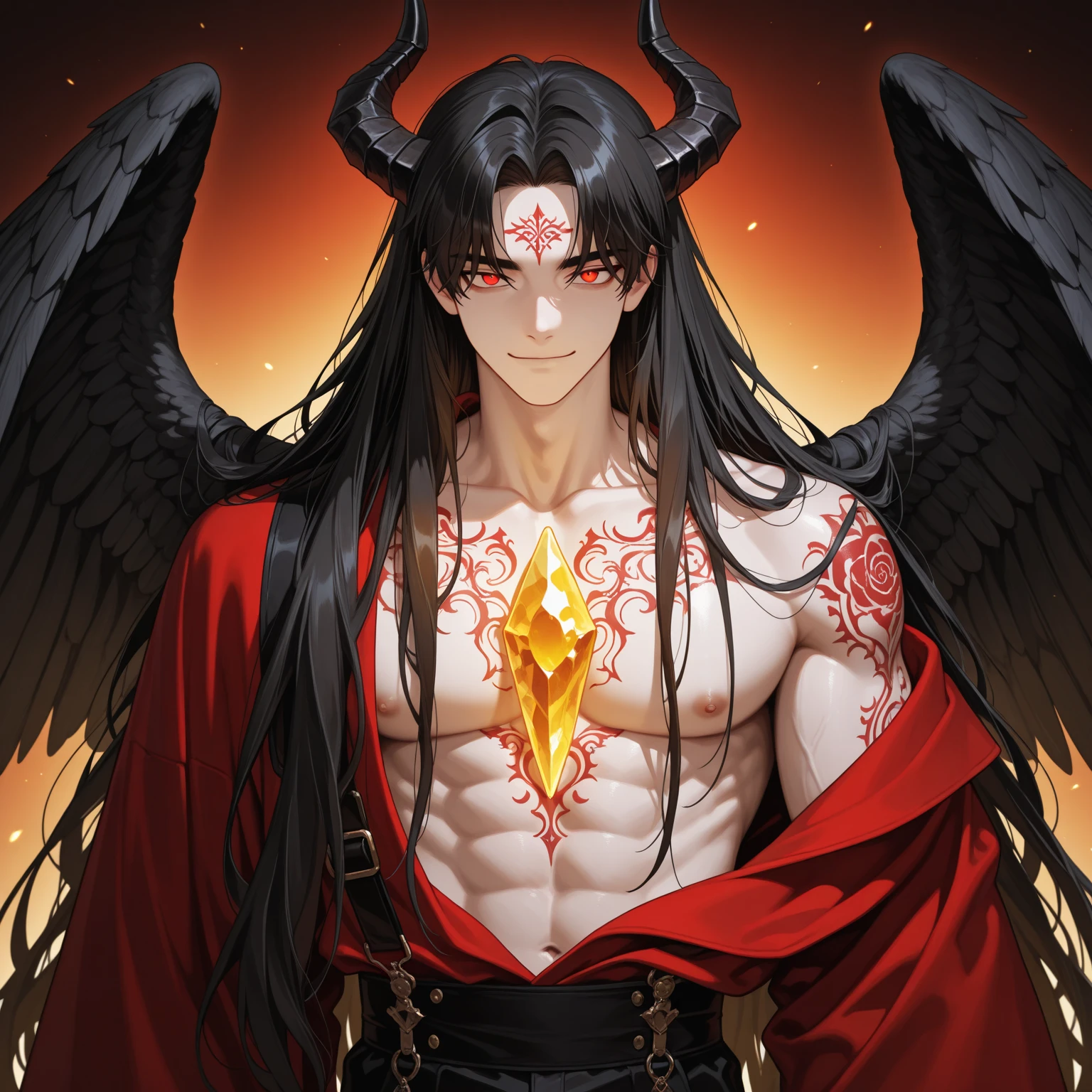 Solo, Score_9, score_8_up, score_7_up, a tall slender male, white demon wings, curly hair, black hair, black sclera, red eyes, Greek statue aesthetic, posing gracefully, majestic pose, body skimpily covered by white cloths, a black halo over his head