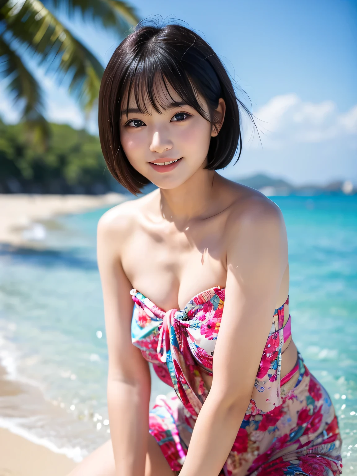 Japanese female, (underweight), (medium bust best quality:1.5), 30 years old, (cheerful grin:1.1),
(nsfw:1.3),revealing aloha shirt, on the beach