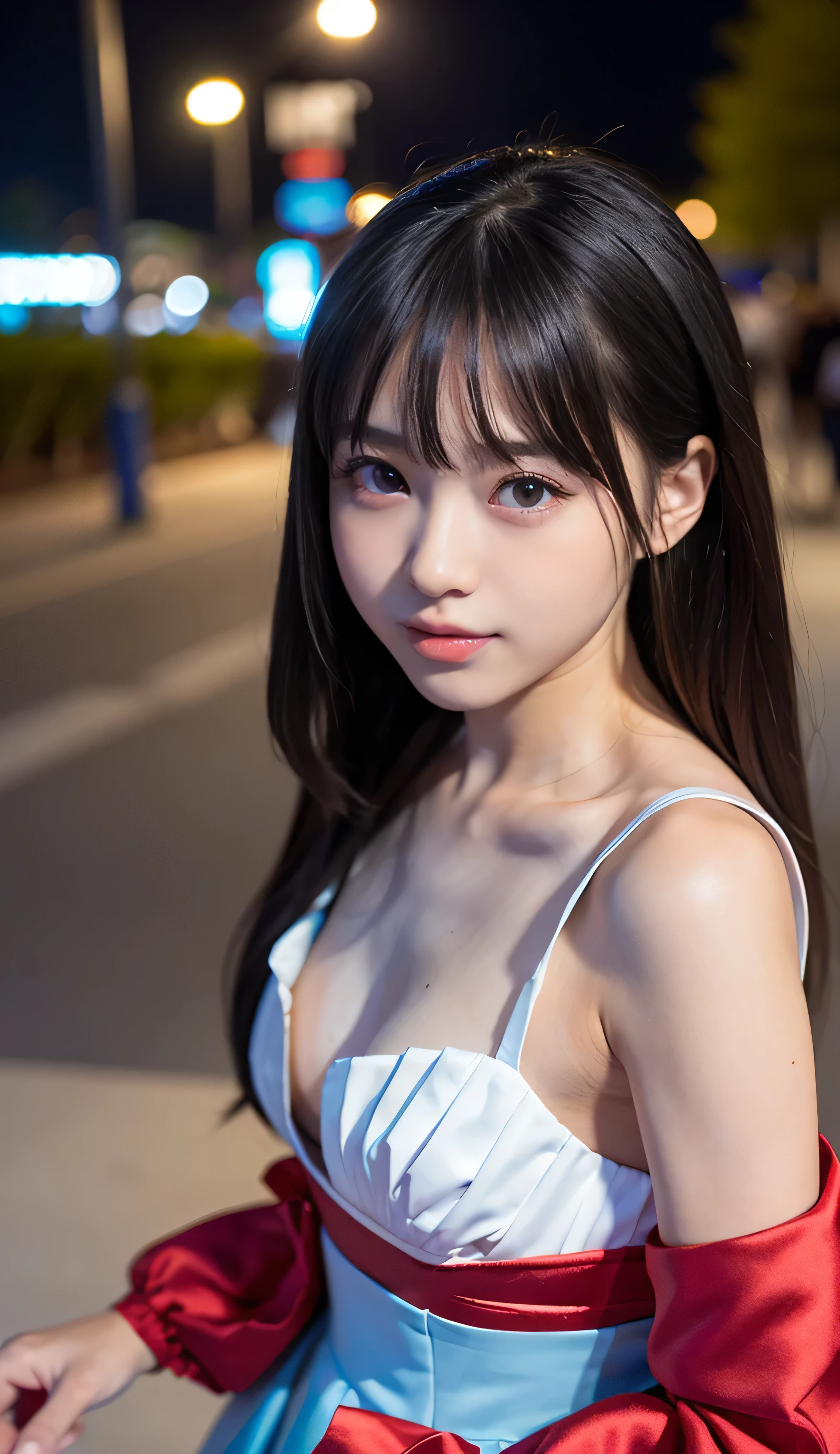 ((highest quality、masterpiece、High resolution))、(((Zoom photo of upper body)))、A shy smile、15 years old、semen、Wet body、Wet Hair、Big Breasts、Cat ears headband、Black maid outfit、City of night、rain、Black Hair、Straight hair