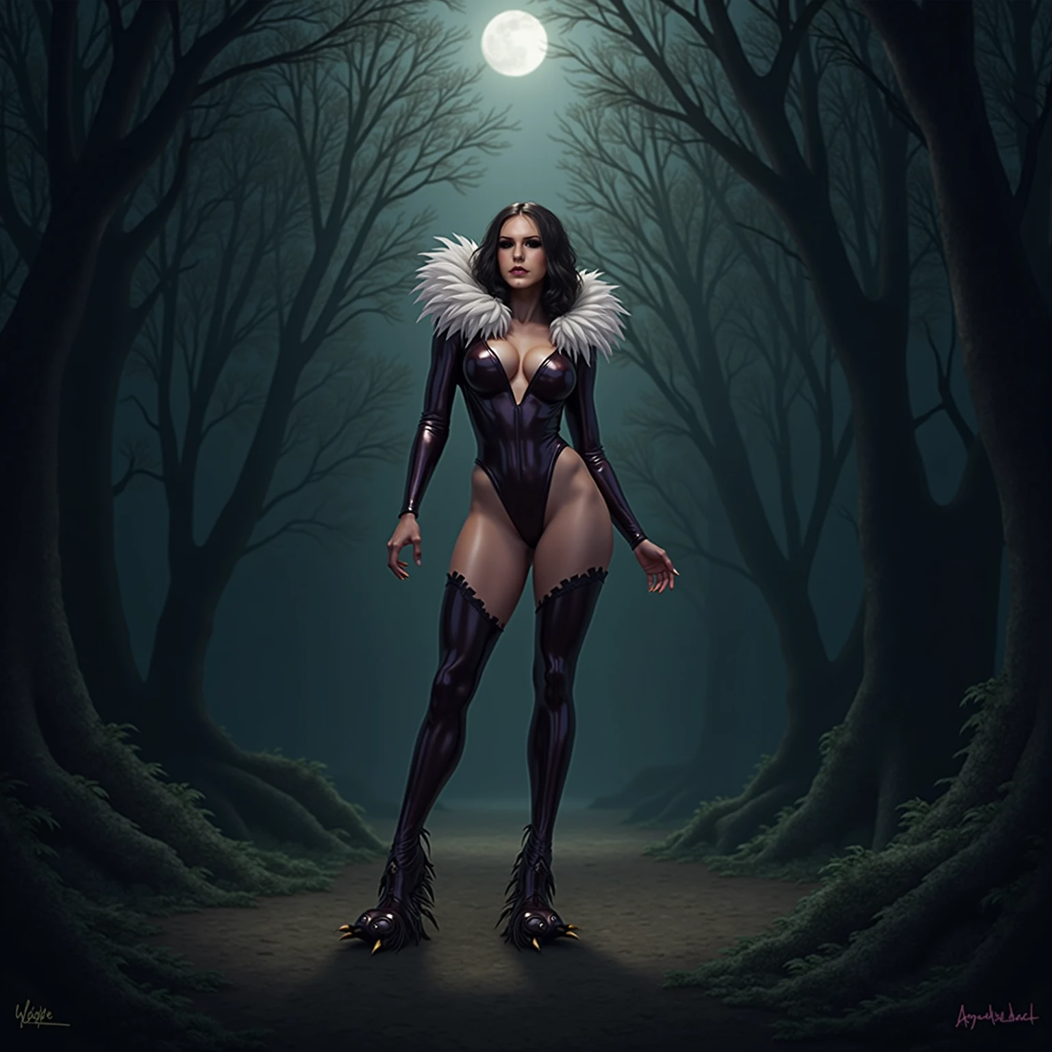 Rihanna with her breasts covered in a viscous black liquid running down her body, viscous black fabric, her body and face is wet, legs thick, mouth red, medium breasts bulky and pointy, dressed in viscous black fabric running down the floor, standing on the dirt floor in a dark and gloomy forest, cloudy and rainy day, swamp, slimy black gloves, lots of fog in the background, photo with better quality, a masterpiece, sensuality and elegance, HD, photography taken by Sony R7 camera with 50mm Full frame lenses, f1.2 aperture, portrait style
