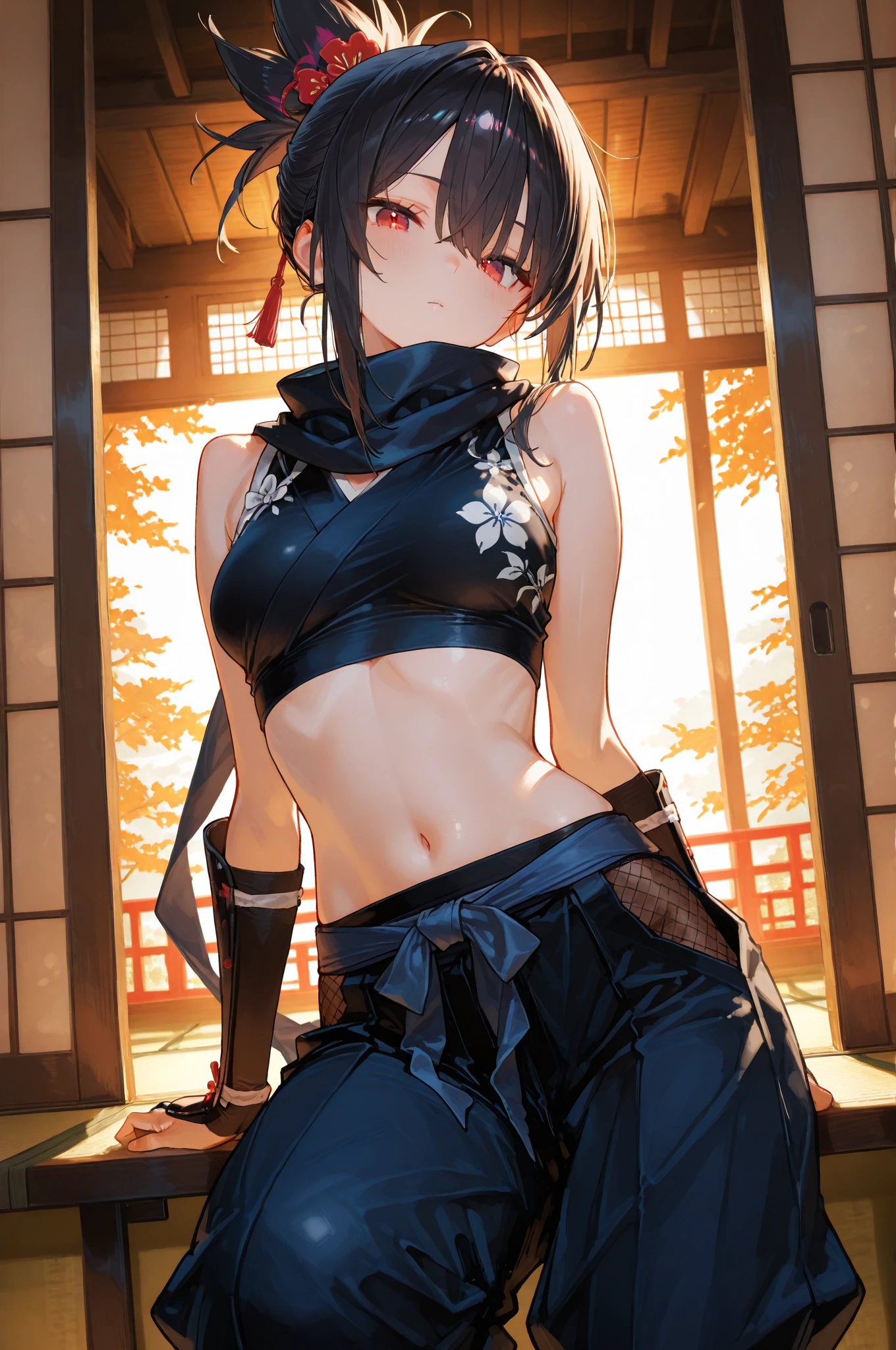 , poncho, small breasts, patterned cotton panties, black tights, fabric realistic, black hair, no jacket