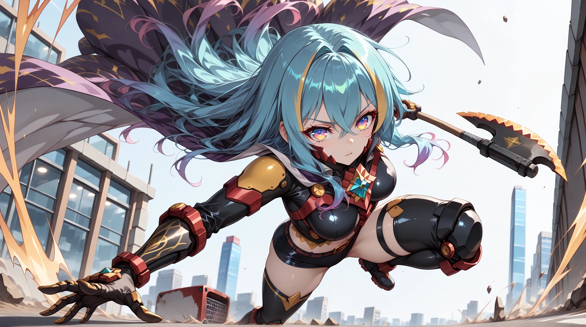 ((adorable, cute, kawaii)), Masterpiece, 1woman, long blue hair, parted bangs, red eyes, perfect face, stern look, perfect body, perfect , black armored leotard, medium cape, ((shoulder pads)), full black gloves, black armored gauntlet, armored boots, futuristic city, sci-fi, road, day, standing, full body, Honkai Impact art style