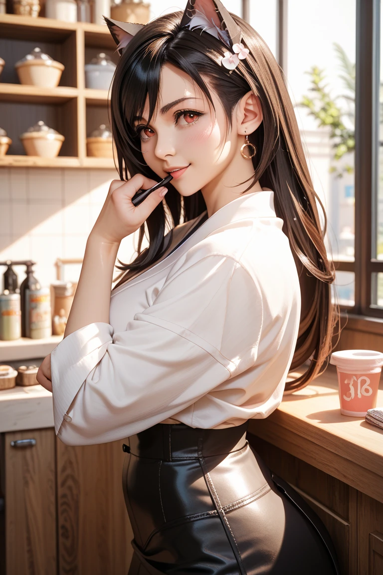 (Top Quality, Masterpiece: 1.1), (Real: 1.4), (location: a cozy coffee shop with warm lighting),(objects: a collection of high-end coffee equipment and freshly roasted beans), BREAK
(((FF7))) (((Tifa))),(1Girl:1.2),Ultra-detailed face, Detailed eyes,((Light Brown Hair, Large breasts: 1.2)),about 18 years old,(barista),Smile, BREAK 
(((FF7))) (((Tifa))),(white collared shirt, black trousers, long sleeves,black cafe apron),(No Bra) (Small and beautiful hard nipple),(shiny oiled skin: 1.4),