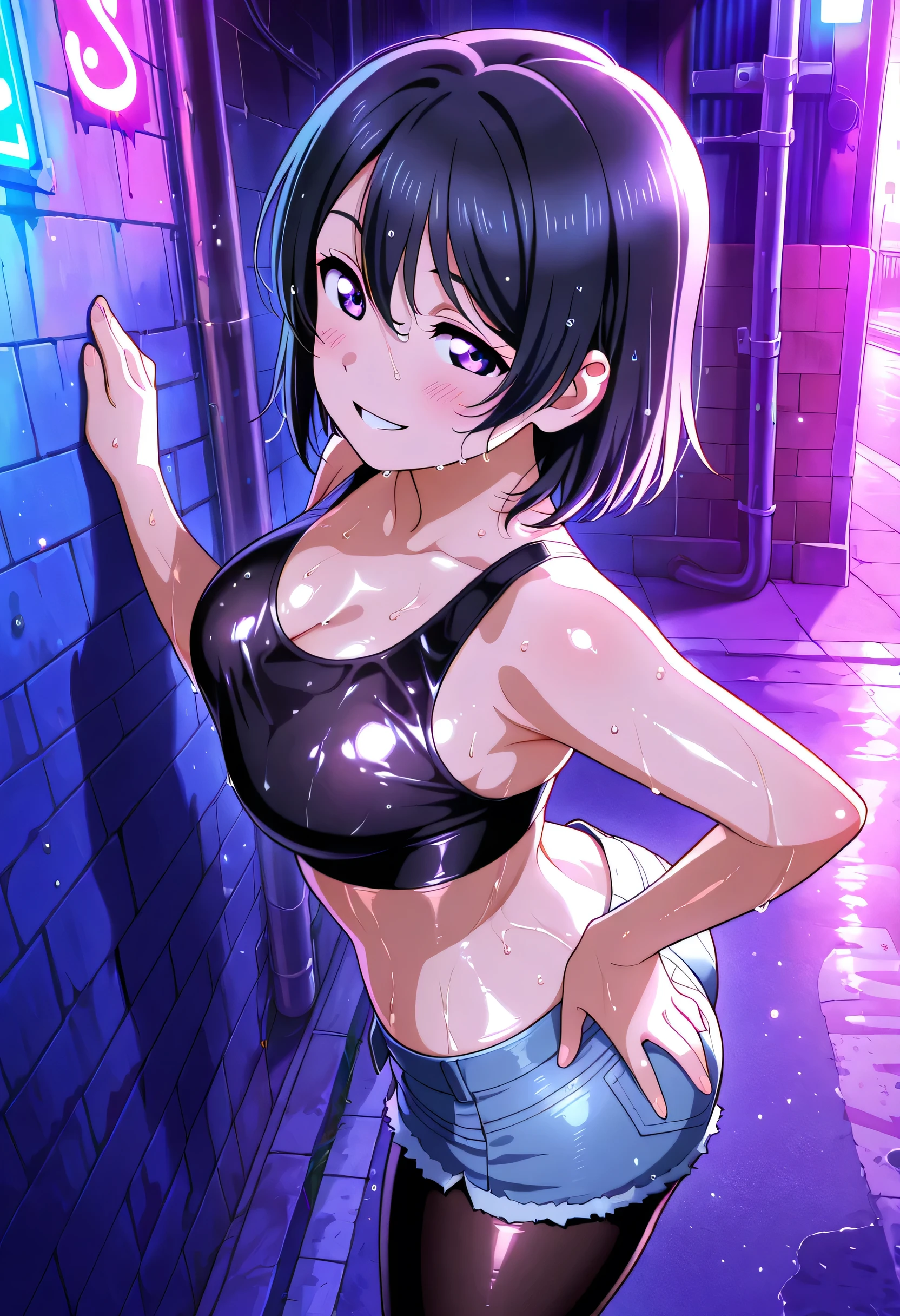 mature female, mature, Adult, himeno, himeno(Chainsaw Man), 1girl, black hair, short hair, eyepatch, Himeno(Chainsaw Man), solo, seductive smile, evil grin, aroused, in heat, nsfw, steam, breath, sweat, drooling, Villains, Open coat, latex purple bikini under the trench coat, chest, View your audience, Night town, City, skyscraper, Night, Dark, dramatic angle, unique perspective, unique angle, masterpiece, Top animation quality,Top image quality,
