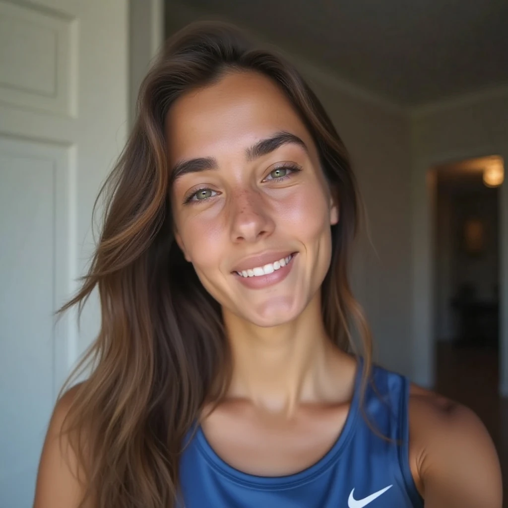 30-year-old girl - Iranian - blogger and fashion designer - brown hair - is at the basketball club and exercising - wearing a blue Adidas sports t-shirt - tired and the armpits of her clothes are sweaty and wet from exercise. He takes a selfie and smiles