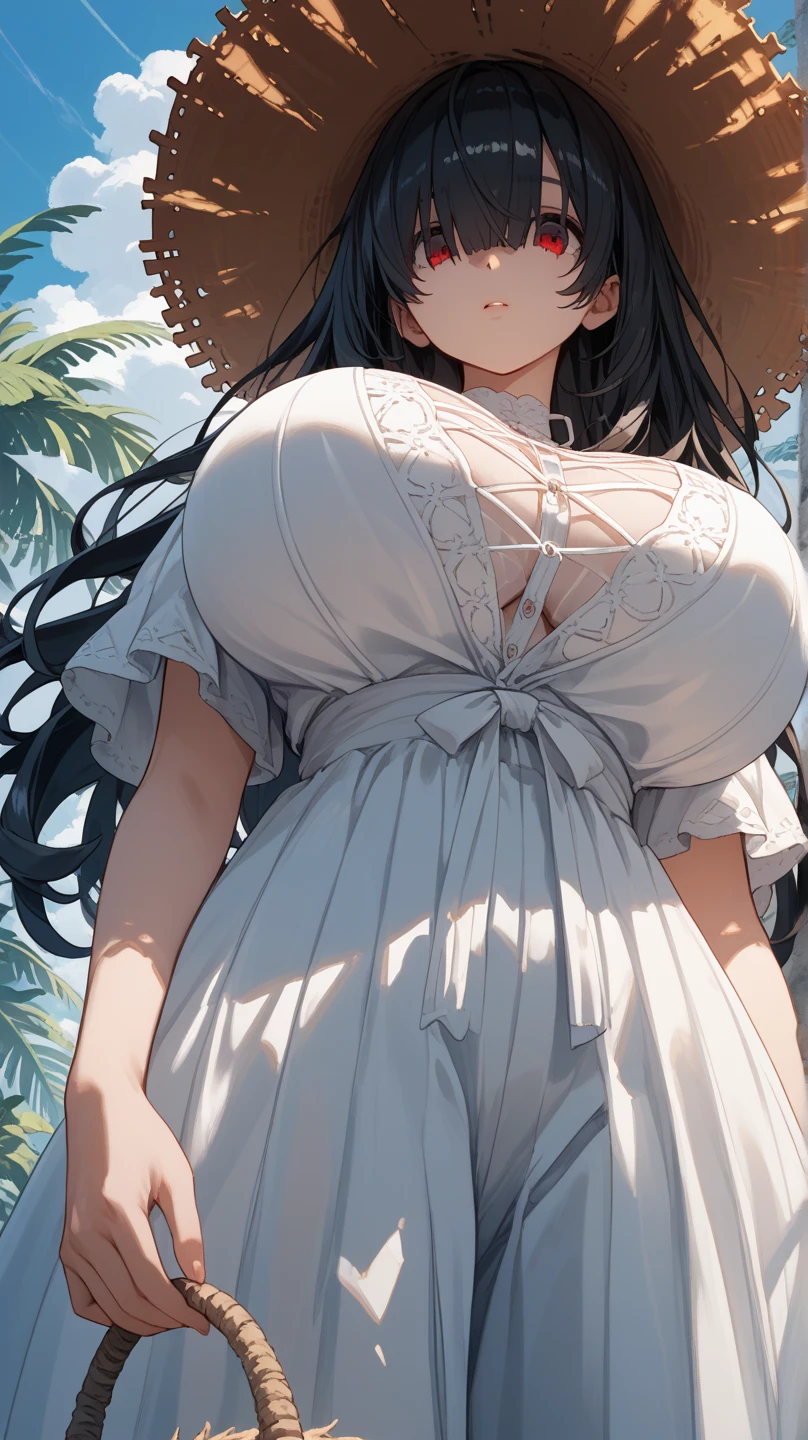 {{masterpiece}}, The best quality of life, 超High resolution, Attention to detail, high quality, High resolution, 最high quality, 4K, 8k,Attention to detail、BREAK、Black Hair、very long hair、Hime cut、curi inside hair、BREAK、One Woman、Perfect proportions、wheat skin、big breasts,BREAK,Perfect dark green eyes、tareme、smile, happy、BREAK,((White background))BREAK、White dress、mini dress、deep U-neek、cleavagte、straw hat、during、circle earrings、bracelet、ring、BREAK、Cowboy Shot、Watching Me