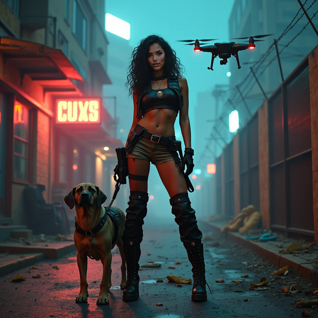 Blade Runner inspired surreal dark cyberpunk city alley as background, low angle view, black stray dog looking for food, at dark night. (1girl, solo, alone), medium-breast slim:0.6 body, oval:0.5 face, cleavage:1.1, sexy black laced bra, miniskirt, white laced panty, coat, (black micro sunglasses), (holding a short gun), (slightly leaning forward running pose), half-body thigh level medium shot, cinematic lighting, ray tracing.