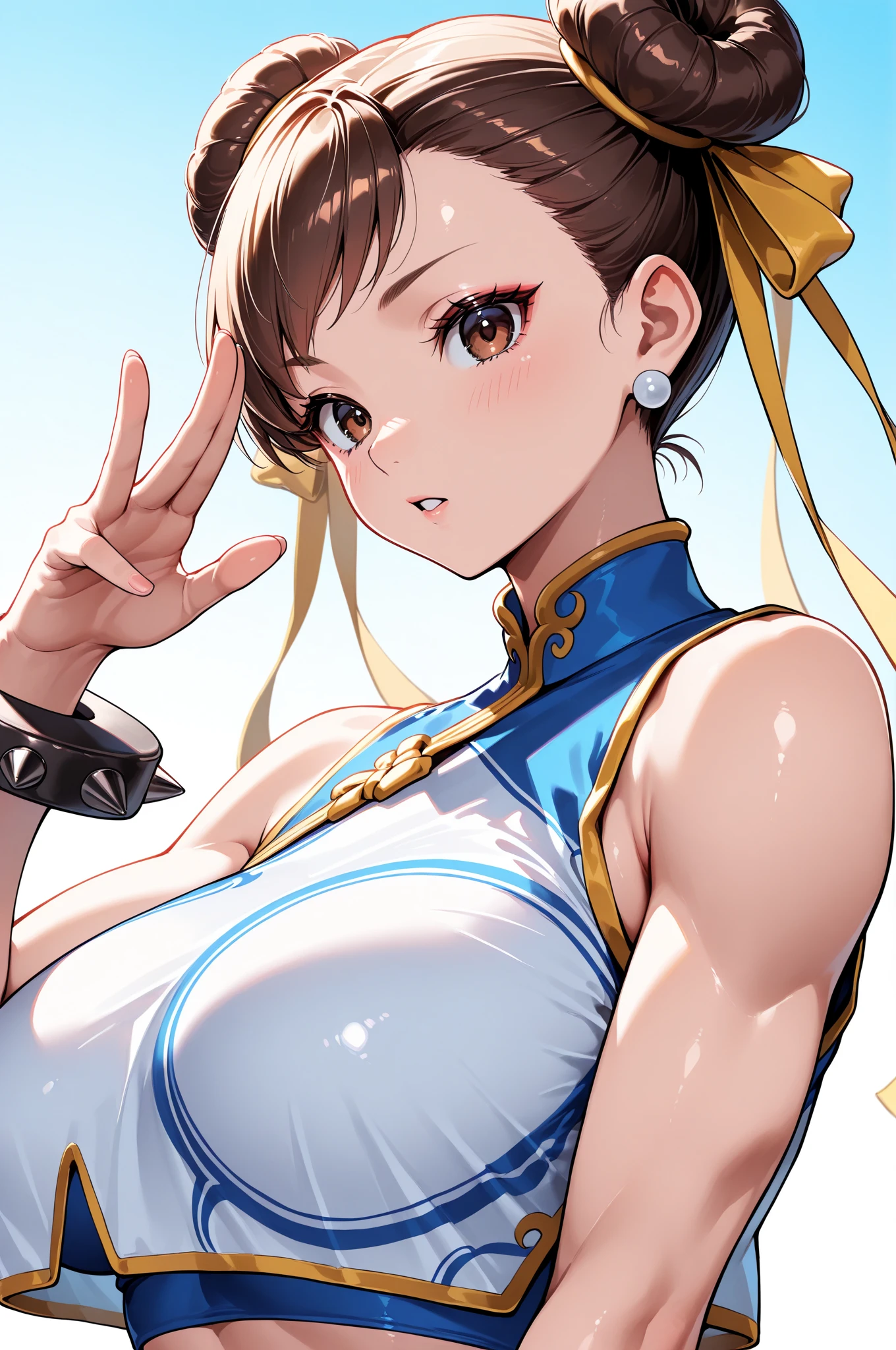 ((((Mucha style)))),(Vulgar),((JK girl)), open leg stand, (from thigh up), (((sagging massive breasts))), ,Pompadour,(Put your arms over head:1.2),((Sex addiction))((highschool uniform)), ((highschool skirt)) on (少し見えている panties), cameltoe, Half of it sticks out from the clothes,(High position:1.6),((Detailed face)) smile, ribbon, blue white yellow red,