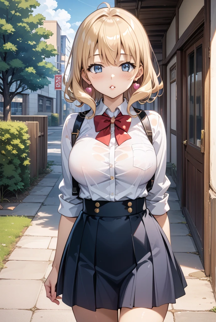 ((Best Quality, 8k, masterpiece: 1.3)), focus: 1.2, Perfect body beauty: 1.4, buttocks: 1.2, ((Layered haircut, big breasts: 1.2)), (Street:1.3), strapless dress: 1.1, Very detailed face and skin texture., fine eyes, double eyelids, whitened skin, by the wide, (shut up: 1.3), Whole body, Wearing Mochila Randos, (mochila randoseru:1.2), NFSW, showing chest, nipple, naked, sexy, lewd, (((change)))