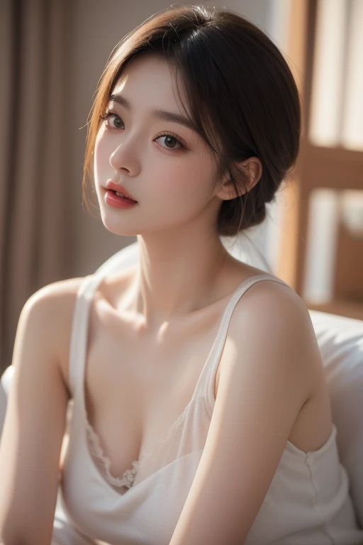 ((Best quality, 8k, Masterpiece :1.3)), 1girl, Pretty woman with emphasizing slender abs :1.3, (random hairstyles, gigantic breasts :1.2), Casual outfit :1.2, Indoor, Ultra-detailed face, Detailed eyes, Double eyelid  
