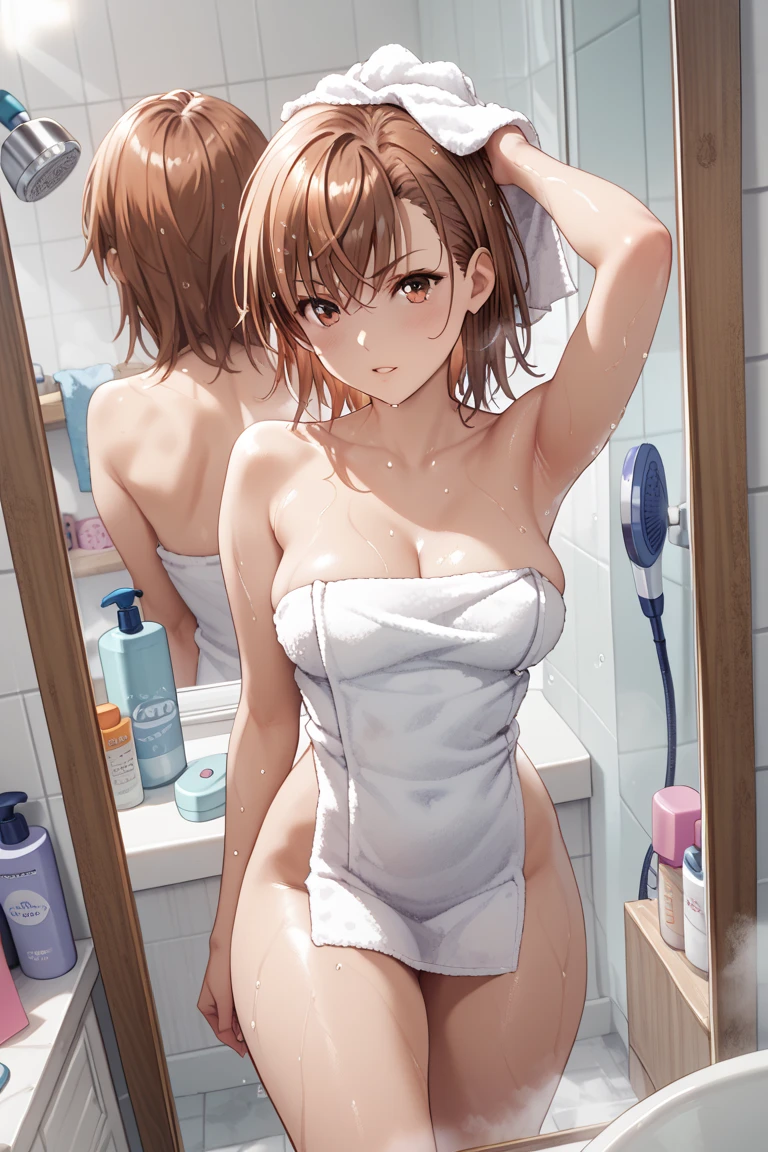 score_9, score_8_up, score_7_up, petra ral, 1girl, solo, short hair, brown hair, brown eyes, lingerie ,shower,whole body,stand
