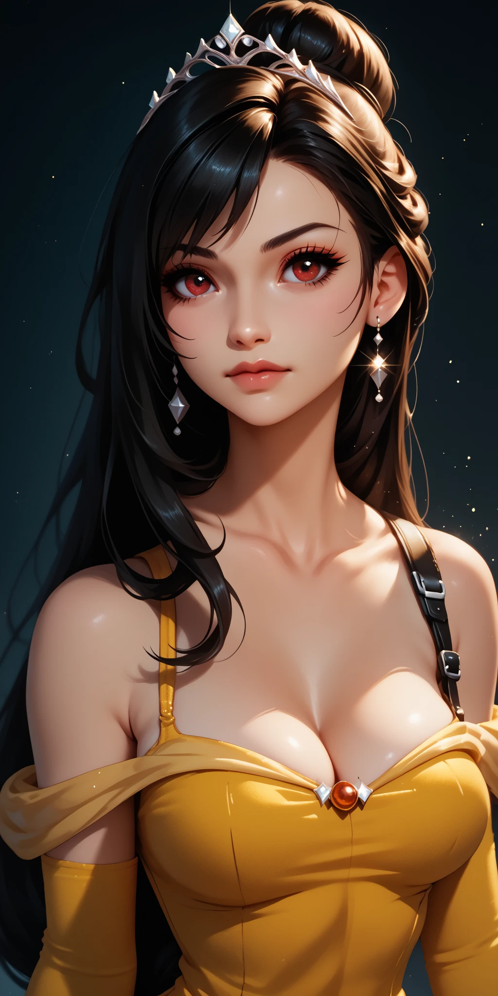 (hakurei reimu, red eyes, Touhou), ((arm up, stunning, gorgeous woman, jewelry, earrings, necklace, topless, sexy attire, very long hair, looking at viewer, straight hair, bangs)), Realism, VFX, Volumetric Lighting, Volumetric Light, Volumetric, Natural Lighting, high details, detailed and intricate, intricate details, high intricate details, absurd amount of details, absurdres, high resolution, Medium Shot, Single Shot, Shallow Focus, Low Angle Shot, Red Lip Stick, Glossy Lip Stick, Lips, Large Breasts, Bracelet, Charm, Band, Wrist, Necklace, Chain, Charm, Neck,