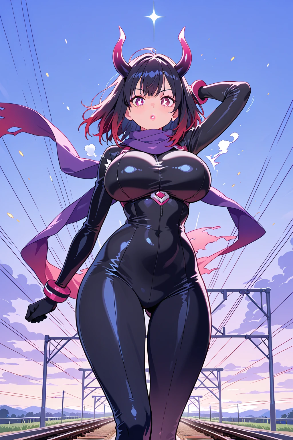 Ninja suit, ninja pose, long red scarf, huge tits Rubor, red eyes, Japanese garden in the background,Transparent mesh on the tits