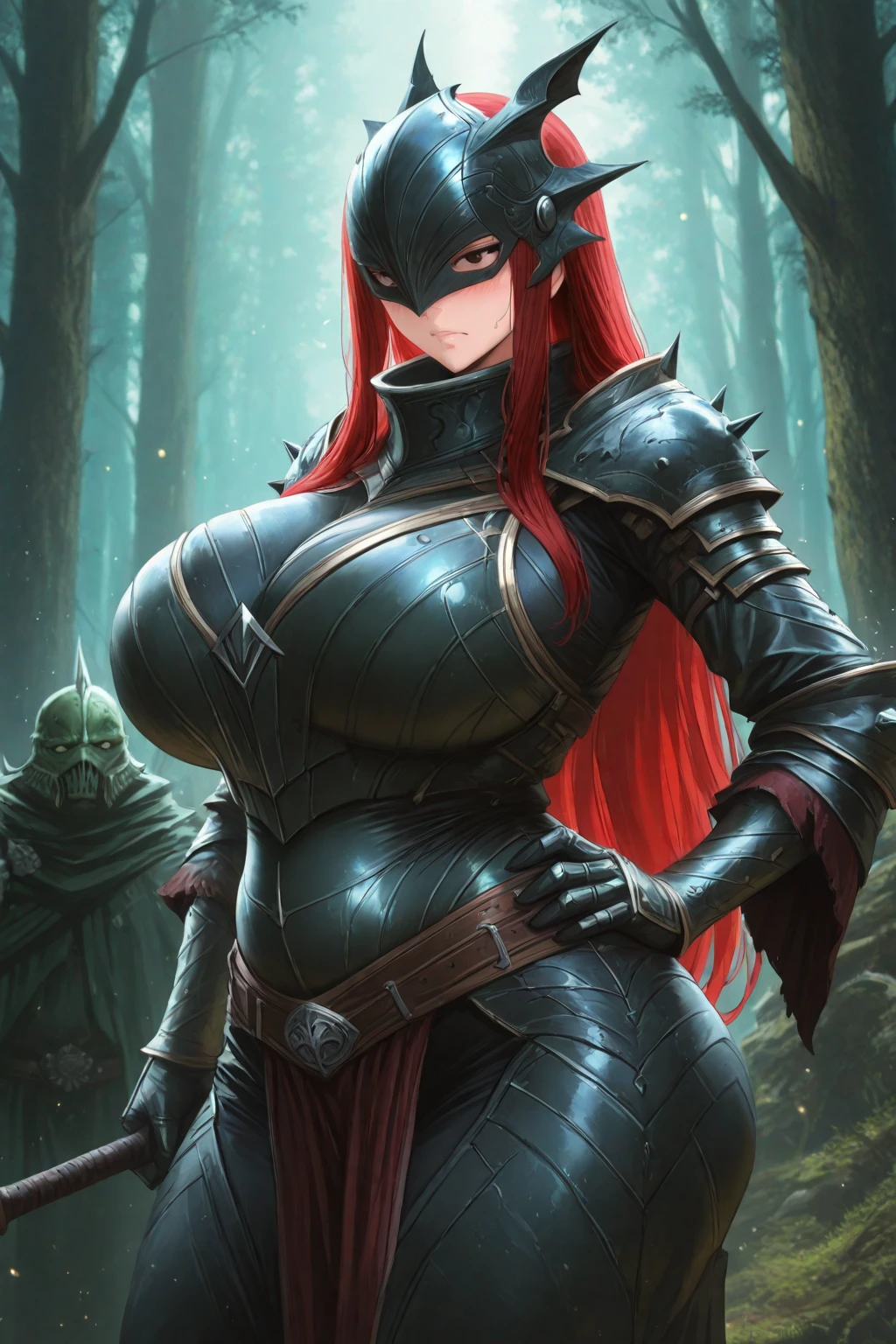 score_9, score_8_up, score_7_up, (An Anthro furry wolf girl, golden blonde furry body, blonde fur, red hair, snout, black nose, MaleniaDef, helmet, covered eyes, covered eyes, single mechanical arm, prosthesis), naked, nipples, majestically sitting on a tree trunk, in a cave with overgrown trees and vines, indoors, standing, leaning against a dead tree, looking away, one hand to chest, upper body shot