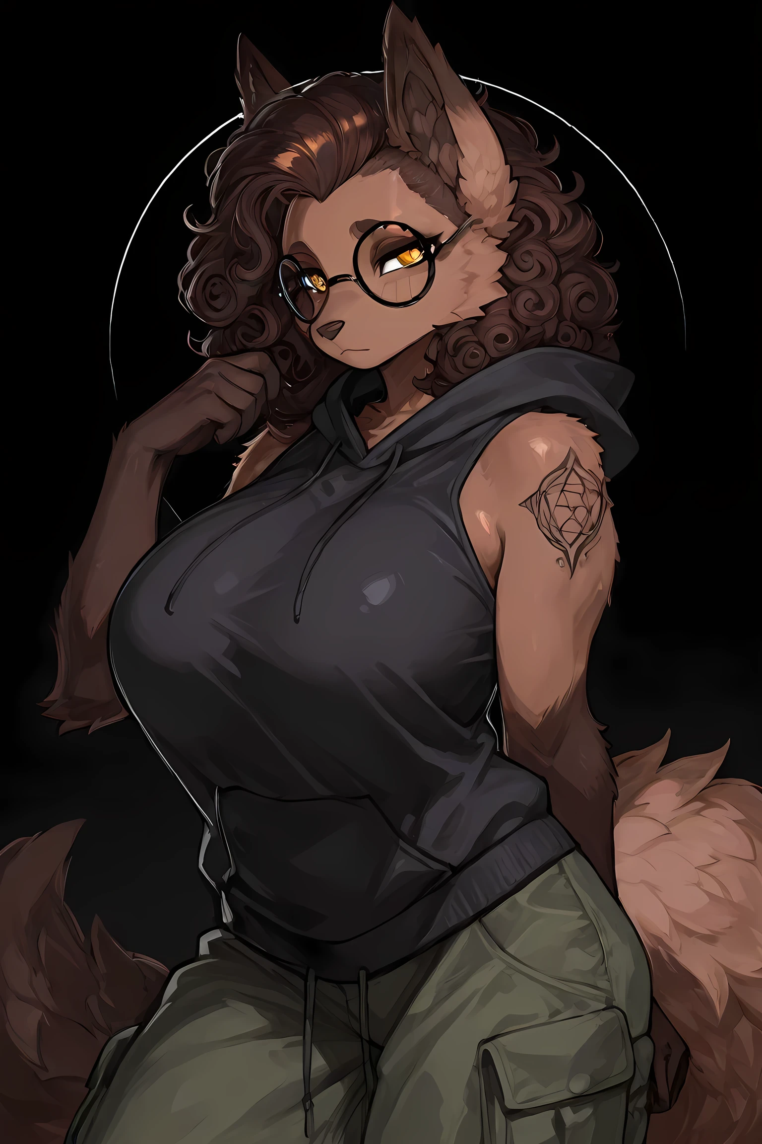 An Furry Picture of an Female Mature Gnull, Dark Brown Long Fur All Over Her Body, Amber Eyes, Wearing a Black Circle Glasses, Fluffy Ears, Short Very Curly Hair with Shaved Sides and Medium Sides Fluffy Tail, Sexy Body with Huge Breasts and Two Arms Fully Covered with Tattoo's, Wearing an Sleeveless Black Hoodie and Black Cameo Cargo Pants, Black Background, Posing