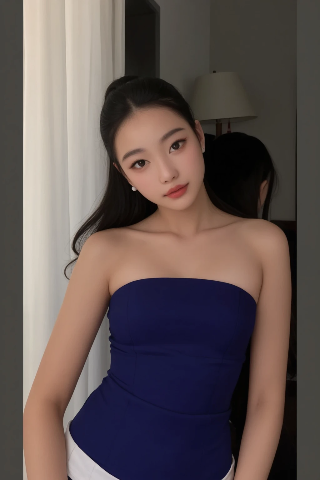 1girl,(masterpiece:1.2), (best quality:1.2), (extremely detailed), (selfie from center front), (extremely detailed face), (((ultra-detailed eyes and pupils))), (ultra detailed), 8k, photorealistic, pretty face, (((smile))), instagram shot, instagram style, in the bedroom, looking at viewer, facing front, perfect skin, cinematic lighting, fair skin, black hair, black eyes, upper body, portrait photo, slim, slender, no makeup, nikon RAW photo, 8k ,Fujifilm XT3, photorealistic, armpits, detailed face, fair skin, perfect shape, slim face, indoors, dim lighting, (((blue Silk Dress))), (looking at viewer:1.2), <lora:hannilorashy:0.85>