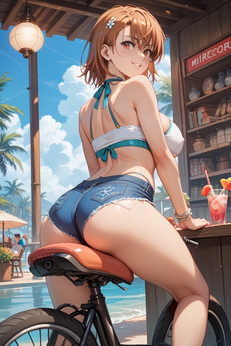 (((masterpiece, Highest quality, High resolution, 超High resolution, Perfect Pixel, Depth of written boundary, 4K, RTTX 10.0))), Beautiful Anime Women, Beautiful art style, Anime characters, ((Smooth texture, Realistic texture, Anime CG Style)), Exact finger count、Exact number of legs、(Exact number of arms:1.0, Exact number of hands:1.0), (Perfect hands, Perfect Anatomy), Cinematic, Realistic, Extremely detailed CG, Daytime lighting, Perfect lighting, Best Shadow, The best natural light, whole body, Perfect body, バランのとれたPerfect body, Perfectly balanced style, (Slender body:1.2), ((bangs, Reddish brown hair, Stylish hairstyle, Bobcut)), ((Back view of a pretty woman standing with her butt sticking out while carrying a drink:1.6)), ((Bow tie around neck:1.3), (Sexy and cute magenta underwear:1.3), (Stylish shiny magenta satin panties, Side-tie panties, Magenta panties with lace trim around the edges, Full-back magenta panties covering the buttocks:1.3), (Magenta Micro Lace Satin Bra, Thin bra:1.3), (garter belt, Knee socks:1.3):1.3), (Stylish beer hall, amusement park, Carry drinks, A busy store, Chair, table, Outdoor:1.3), naked, In underwear, Waitress in underwear, (Maid Headband:1.1)), Angle from the rear, Close up of ass in panties